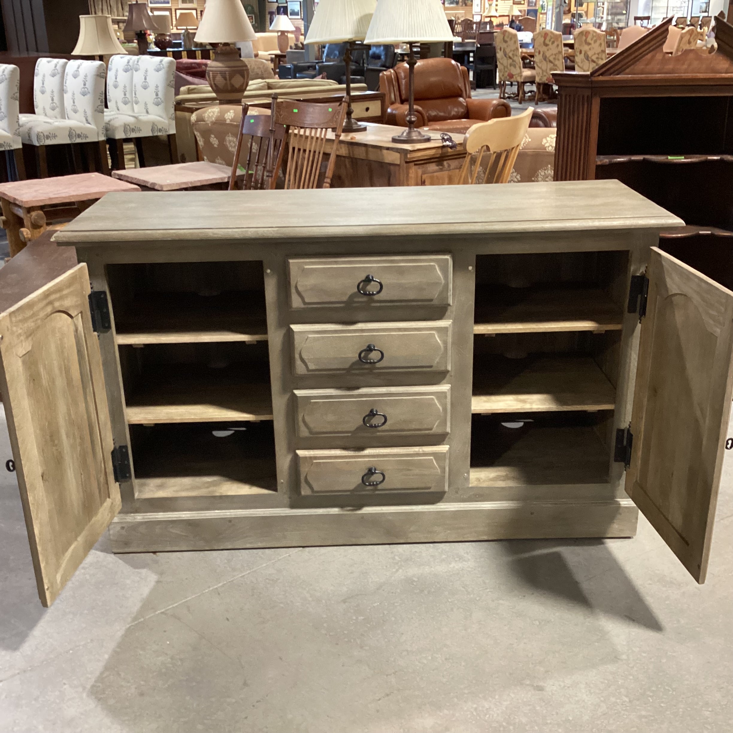 Pottery Barn Linden Grey Washed Mango Wood 2 Door 4 Drawer Buffet Sideboard 60"x 20"x 36"