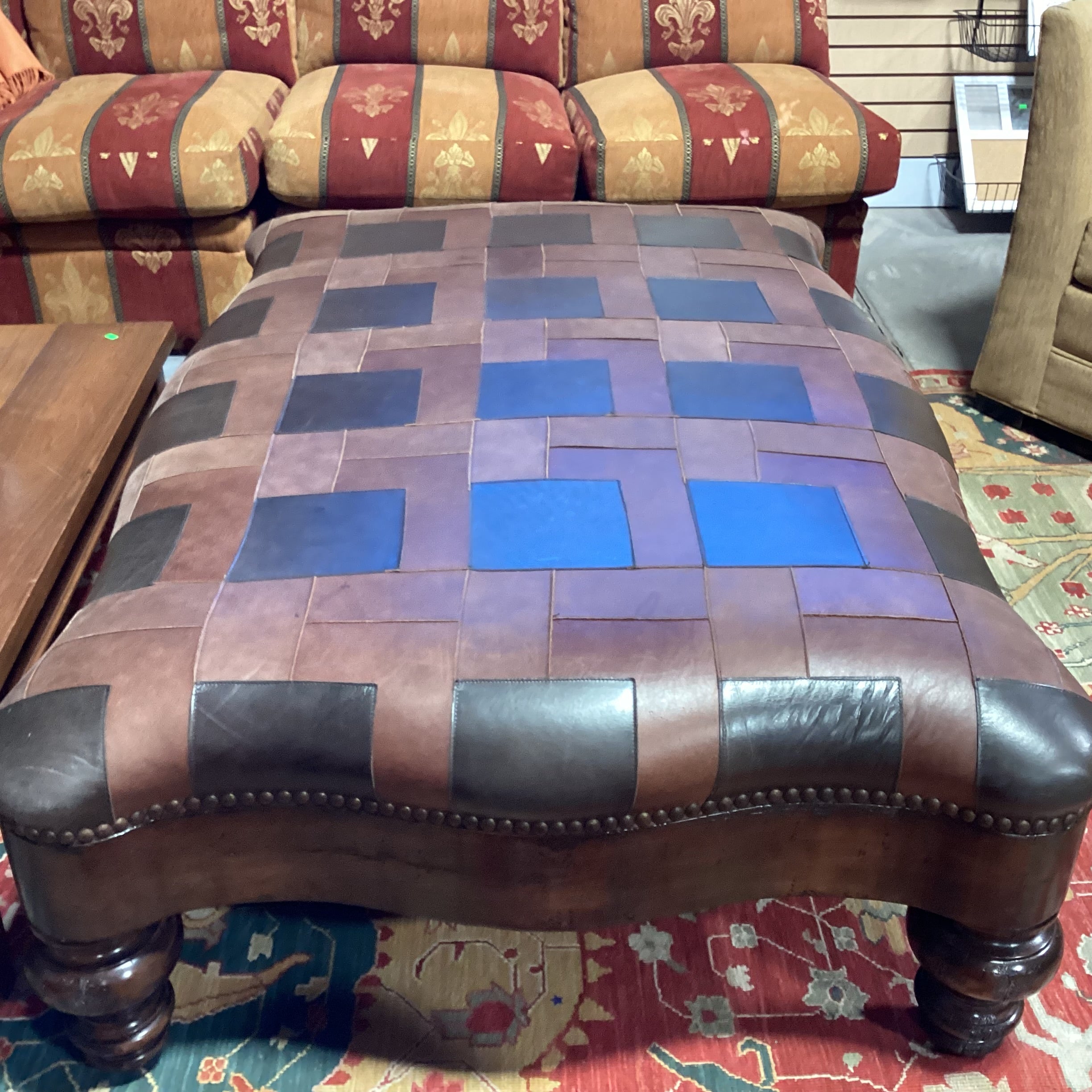 T J Hooker Brown Tones Patchwork Leather Nailhead & Carved Distressed Wood Cocktail Ottoman 61"x 41"x 20"
