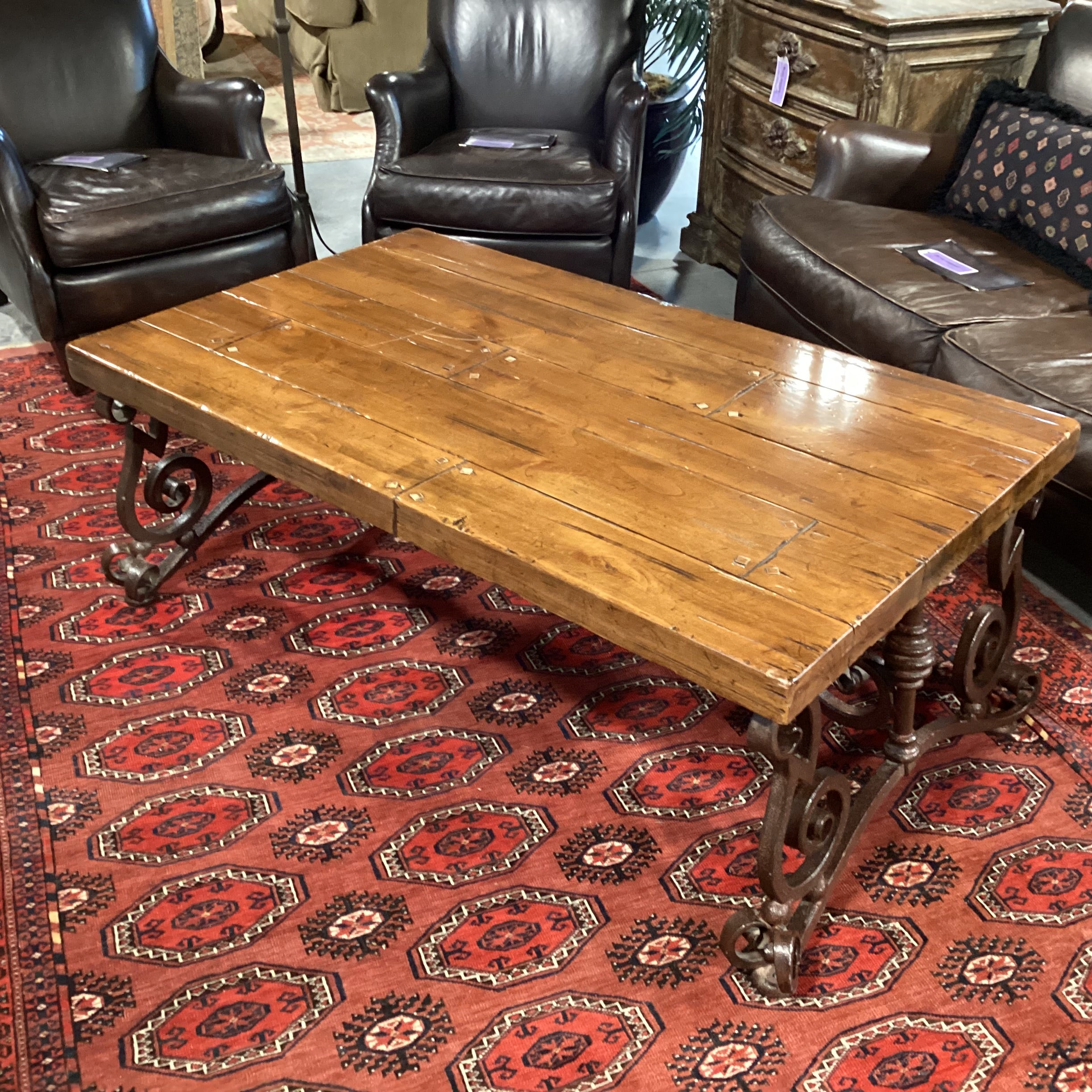 Rustic Distressed Solid Plank & Ornate Iron Coffee Table 54"x 32"x 21.5"