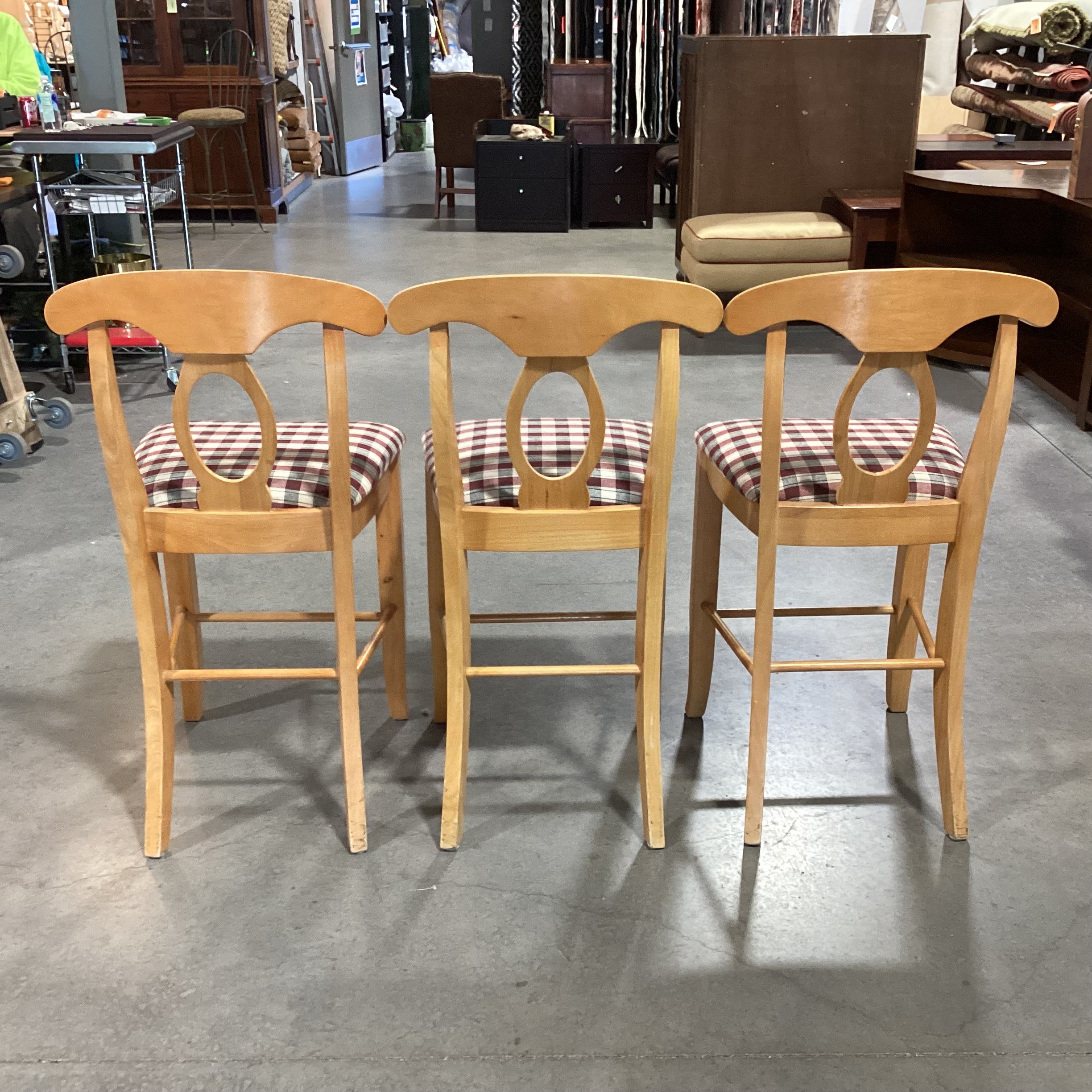 SET of 3 Pottery Barn Pine Napoleon Keyhole Back & Plaid Seat Barstools 25"