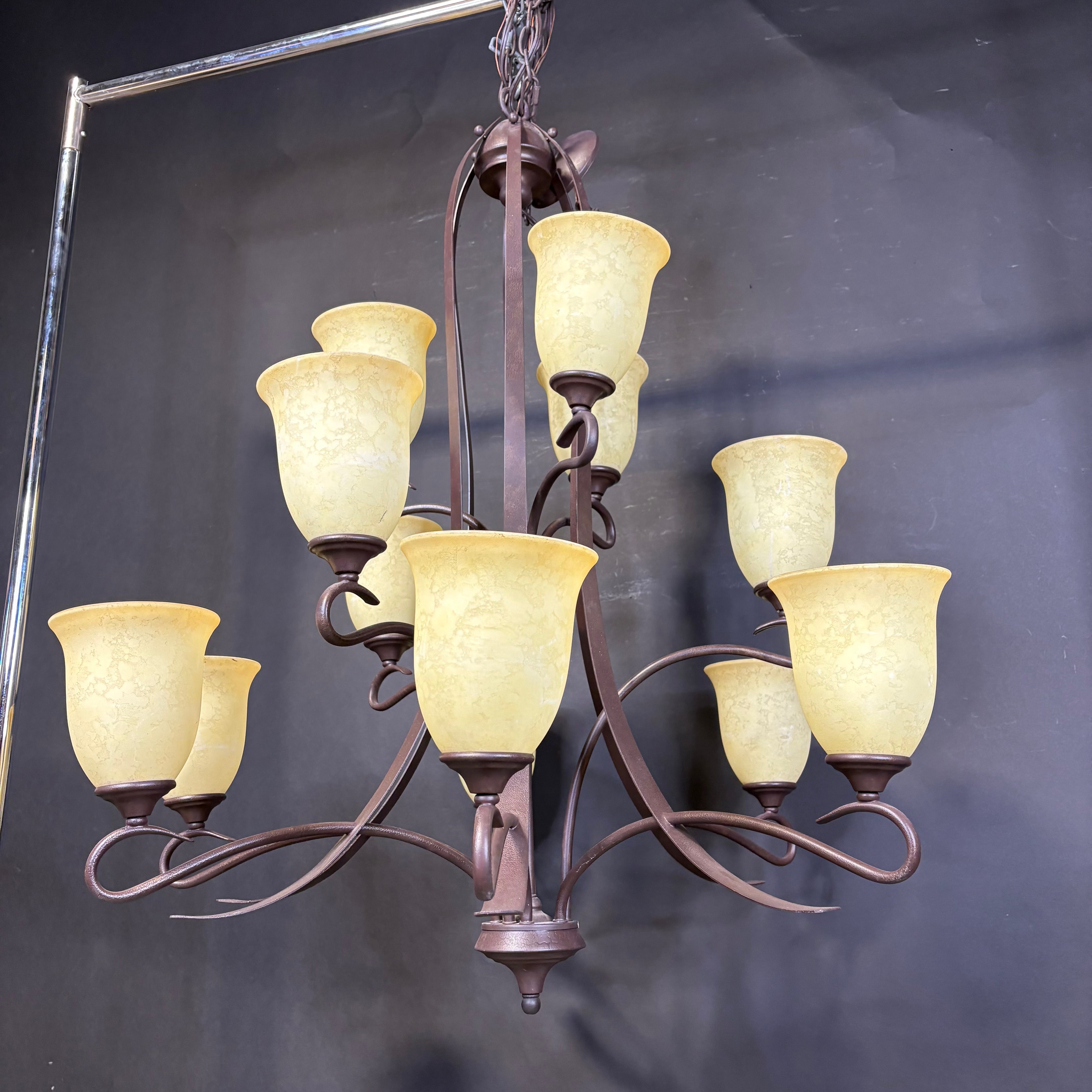 Traditional 12-Light Tiered Crackle Bronze with Glass Shades Chandelier 40” Diameter x 42” - 65”