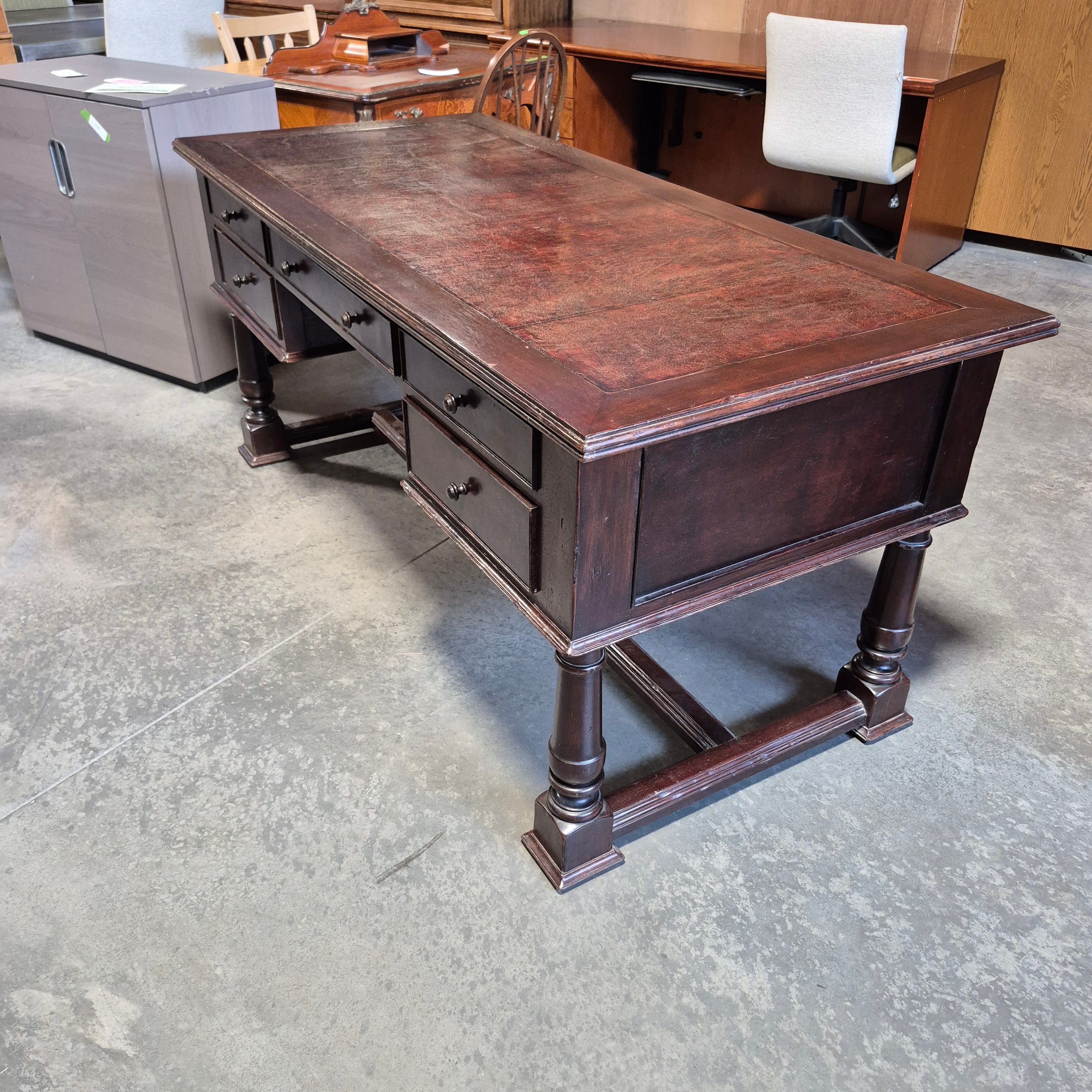 South Cone Dark Finish Carved Wood Leather Top 5 Drawer & Trestle Desk 68"x 31"x 30.5"