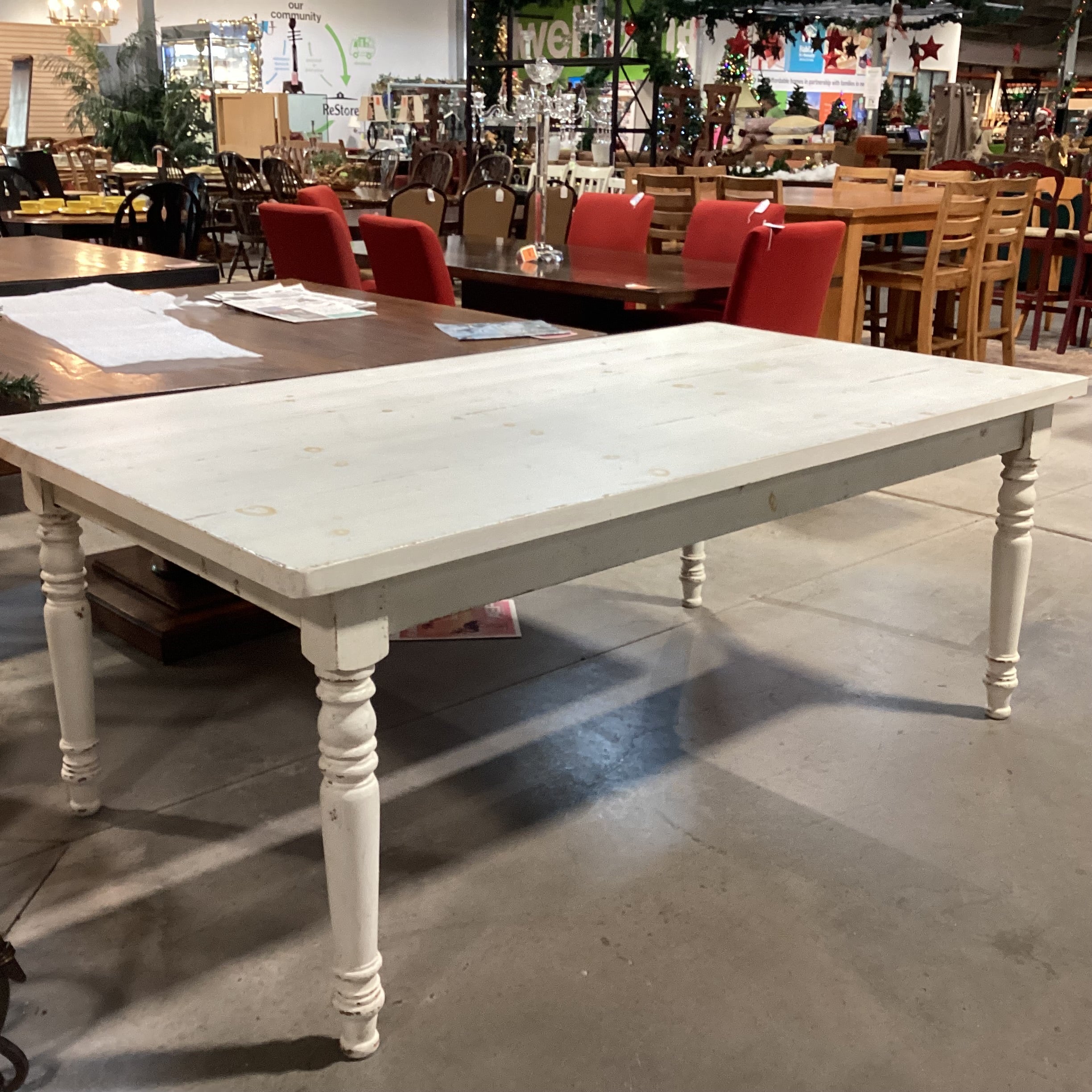 Rustic Farmhouse White Distressed Pine Dining Table 78"x 42"x 30.5"