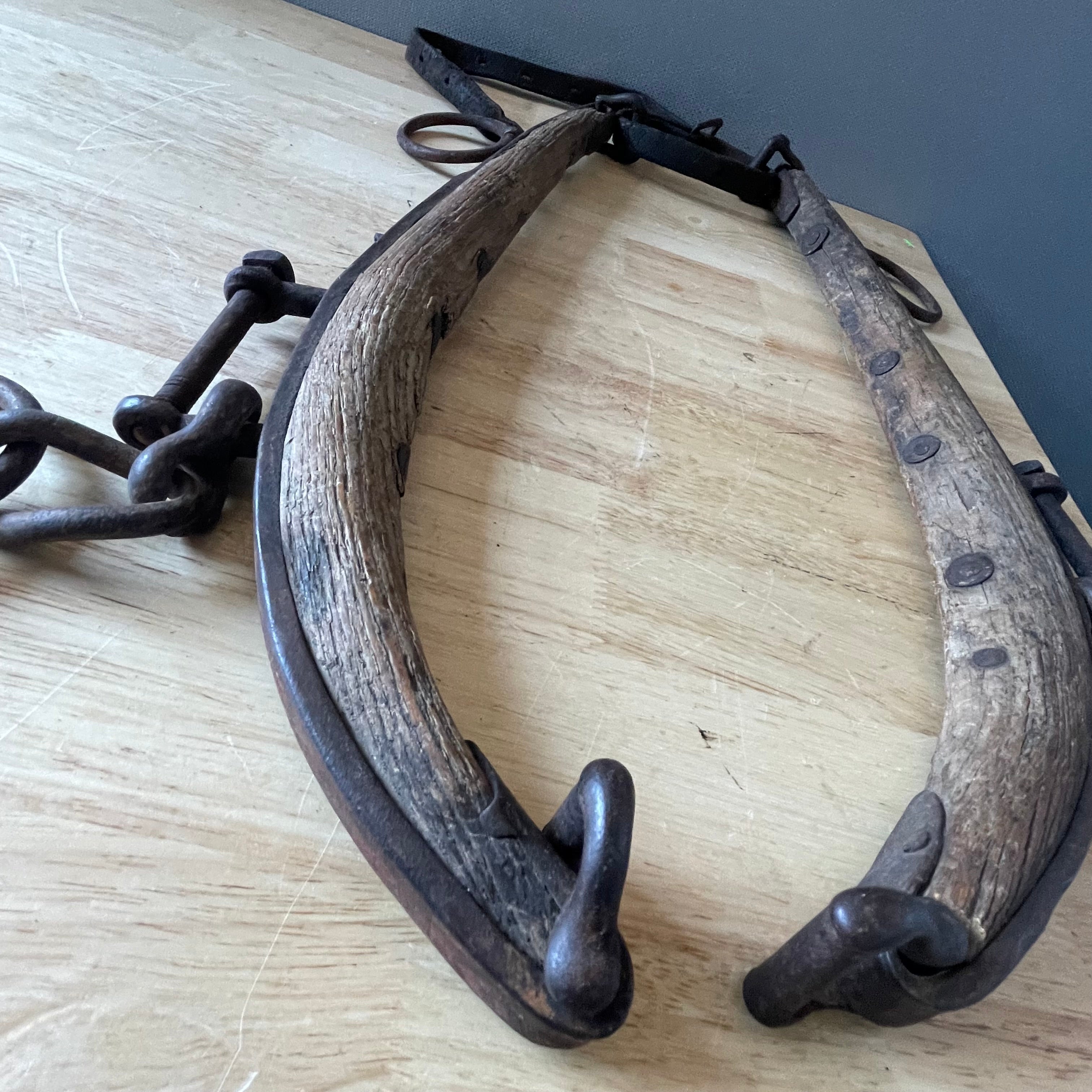 Antique Rustic Wood/Cast Iron Horse Hames, Pair, 21"