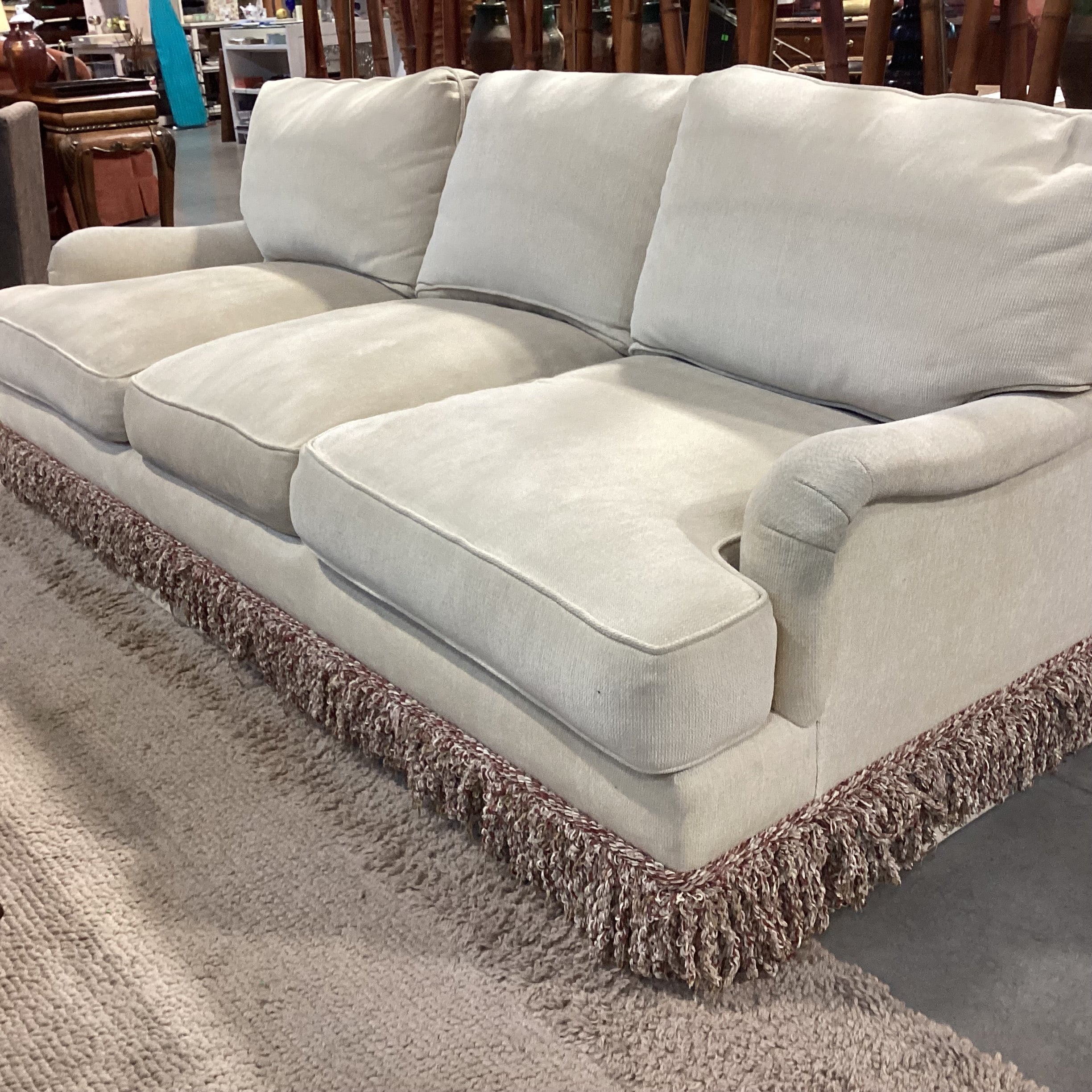 JJ Custom Cream Chenille Woven with Fringe Down Mix Sofa 96"x 42"x 31"
