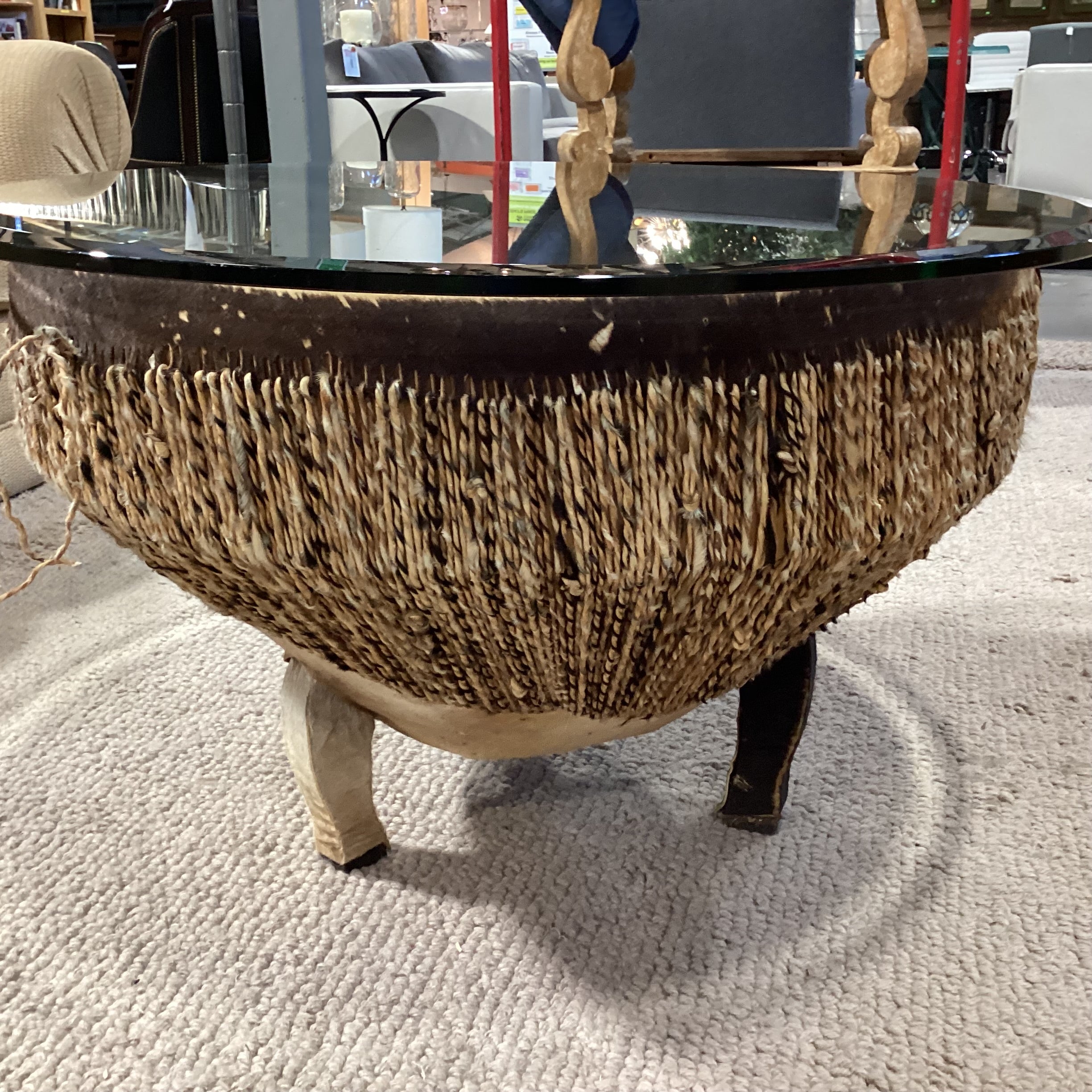 Vintage African Tribal Drum with Hide & Glass Top Coffee Table 34" Diameter x 20"