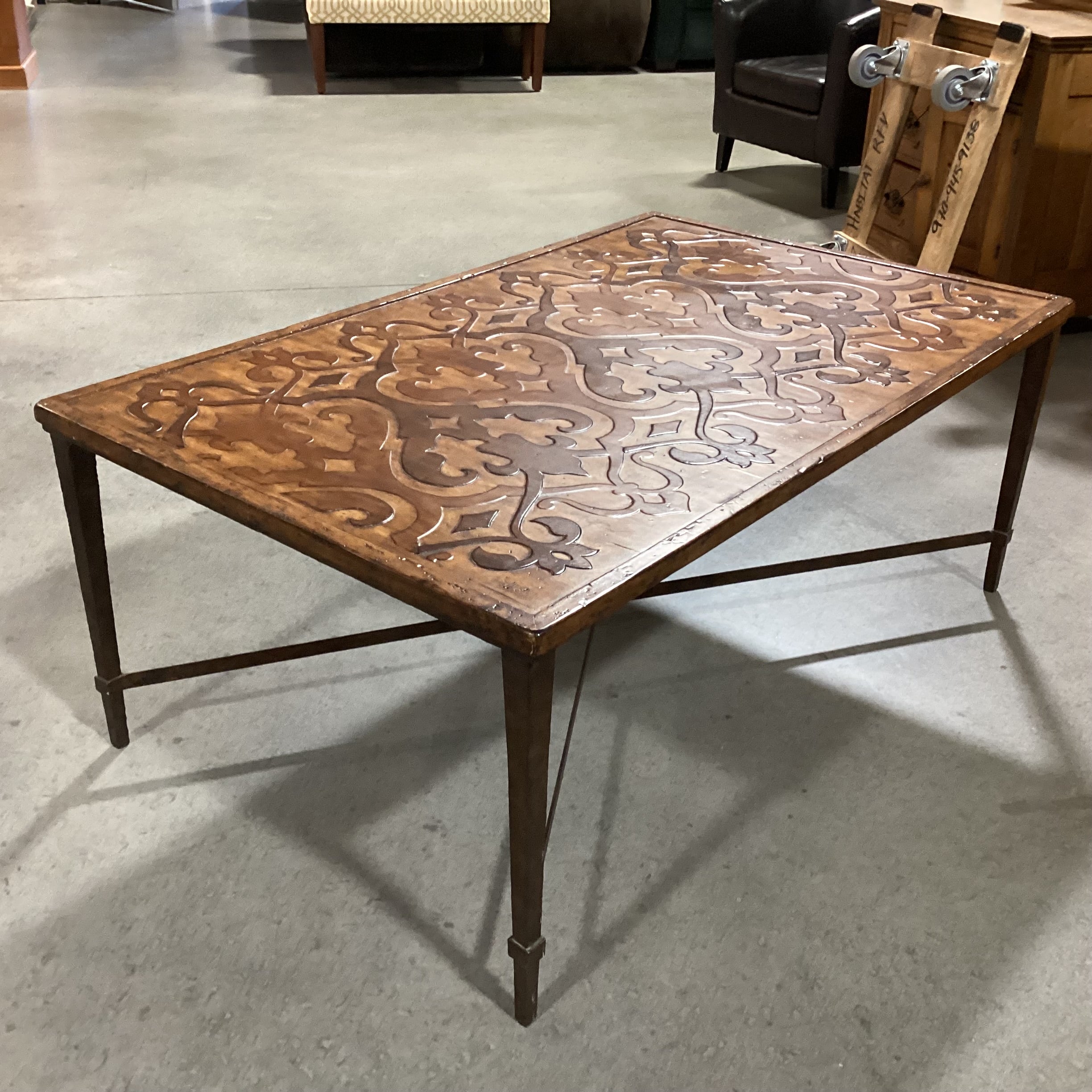Ornate Hand Carved 2 Tone Distressed Wood & Iron X Stretcher Base Coffee Table 50"x 31"x 20"