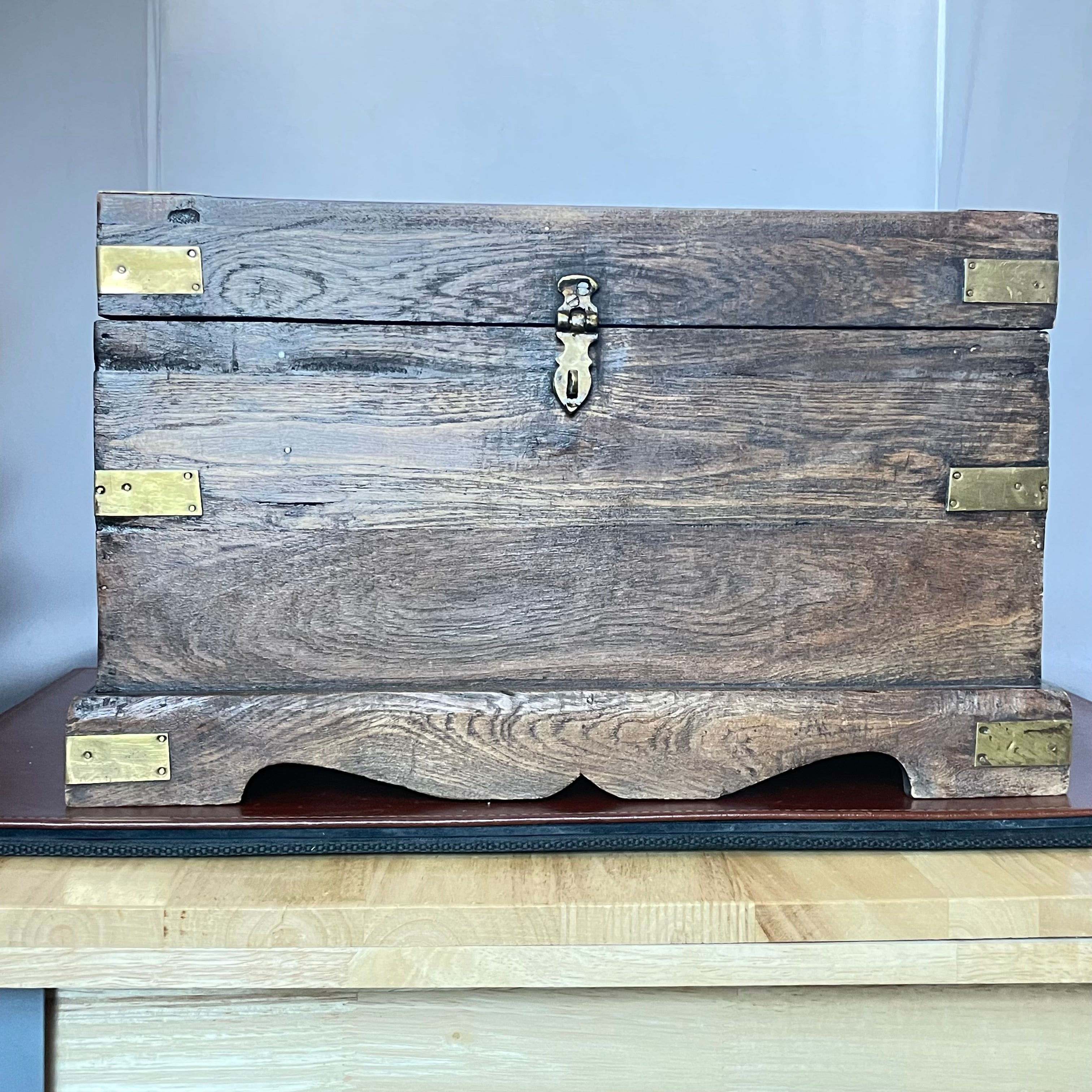Antique Handcrafted Wood with Brass Hardware Campaign Chest, 16"x 11.25"x 10"