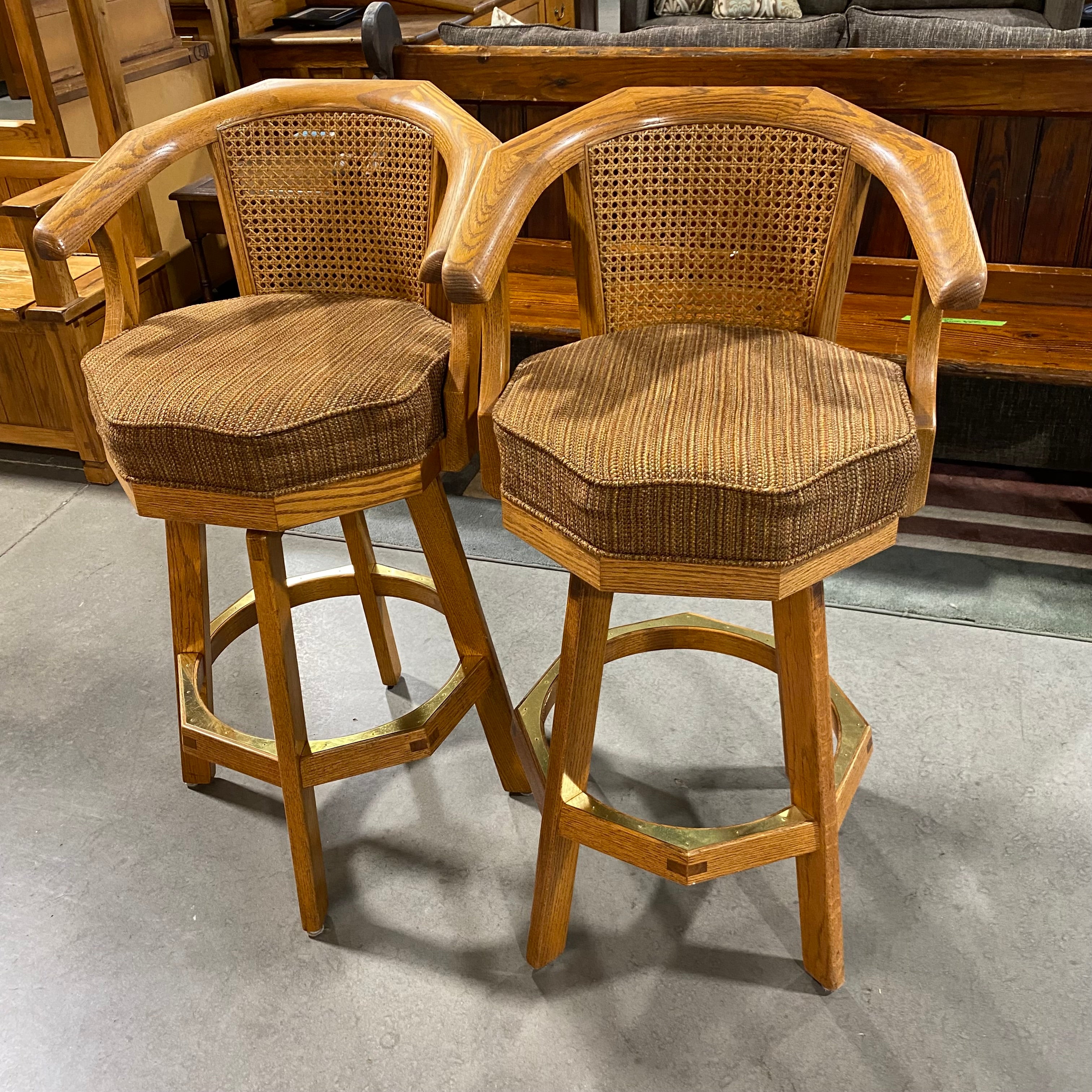 SET of 2 Solid Wood Brass Accents Rust/Gold Upholstered Seat Caned Back Bar Stools 22.5"x 21"x 40"