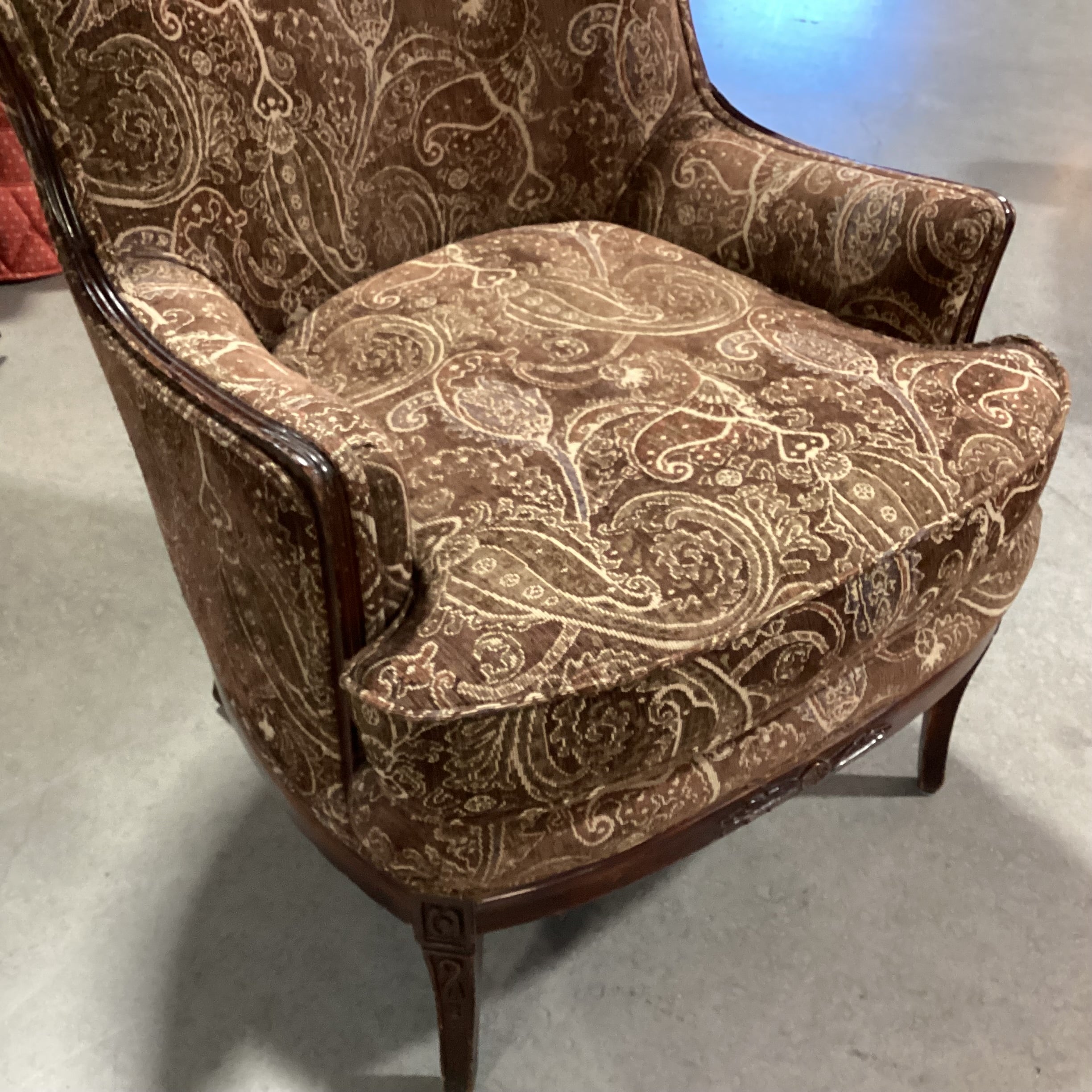 Vintage Brown Tones Paisley & Carved Wood Wing Chair 26"x 36"x 43"