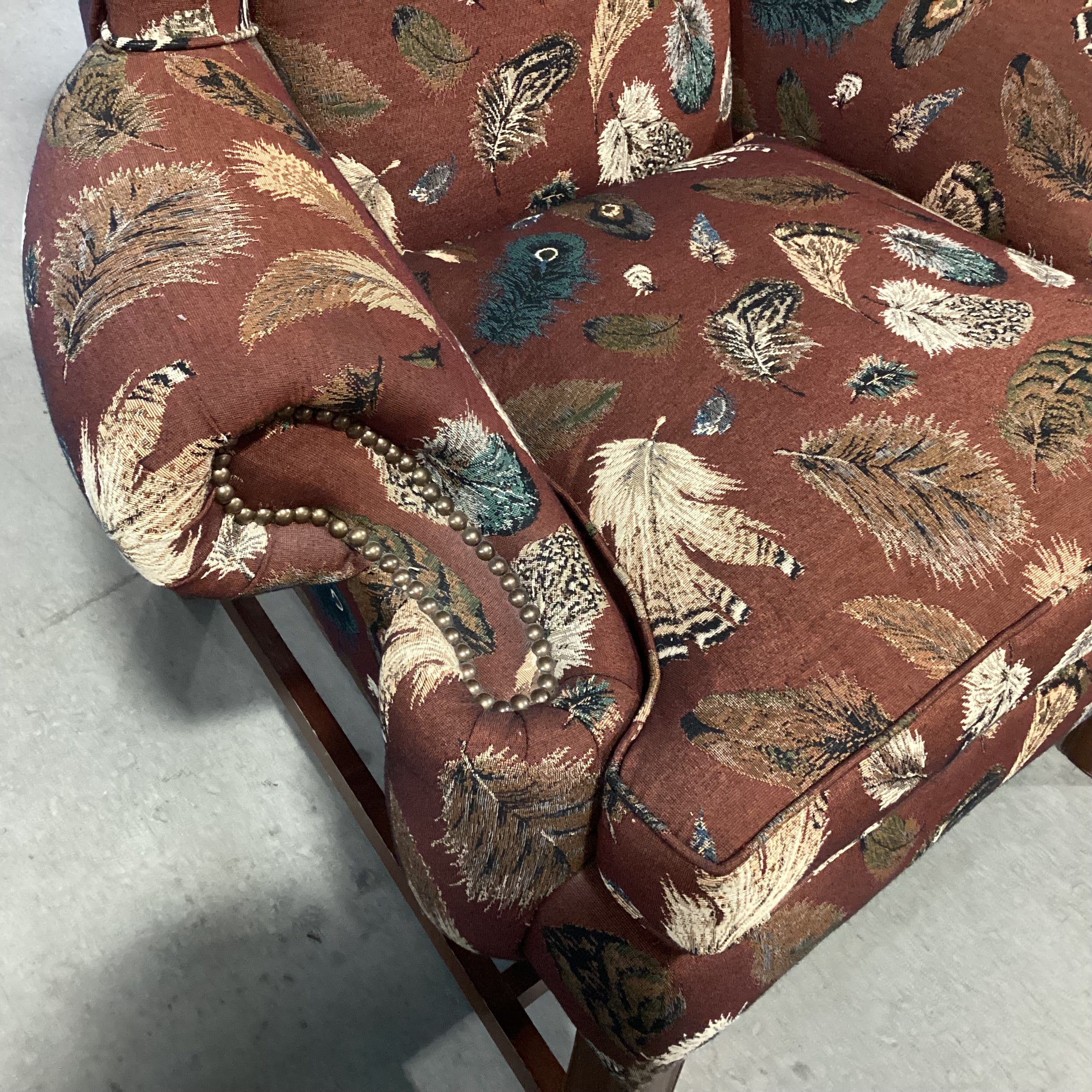 Brown Blue Feather Upholstery Nailhead Wing Chair 40"x 35"x 46"