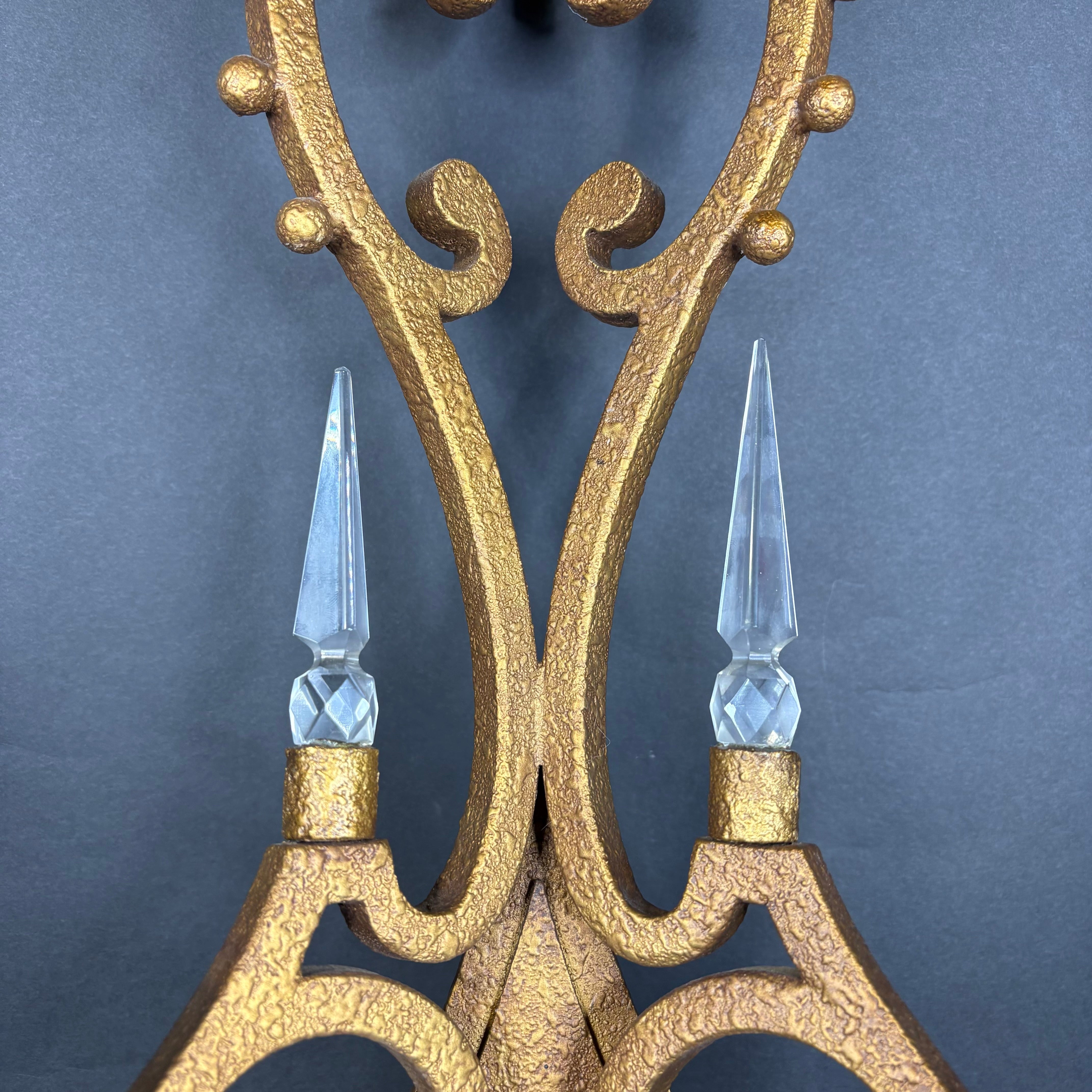 Hollywood Regency Style 2-Light Textured Gold Finish Metal and Crystal Accents Wall Sconce 13”x 26”x 7”