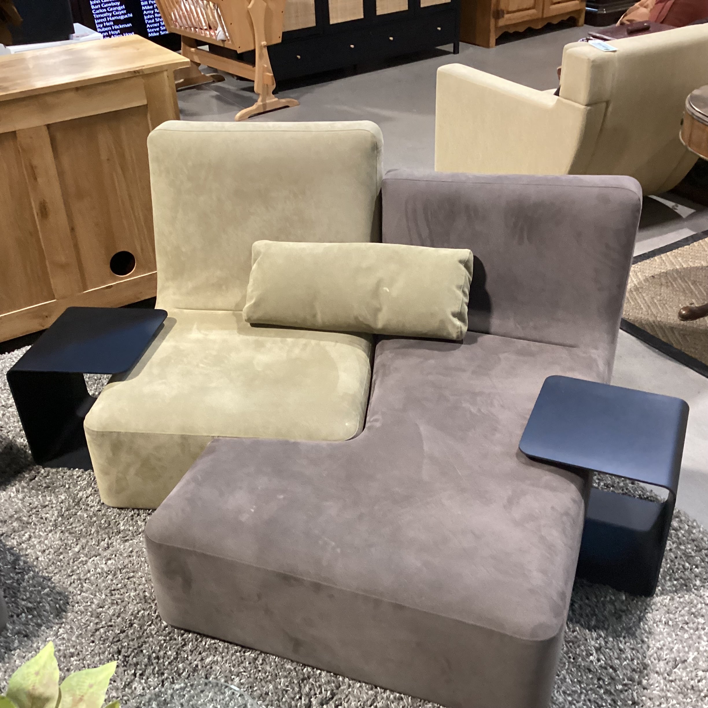 Liqne Roset Confluences by Philippe Nigro Brown & Tan Ultra Suede with 2 Black Iron Side Tables Modular Sectional 59"x 55"x 33"