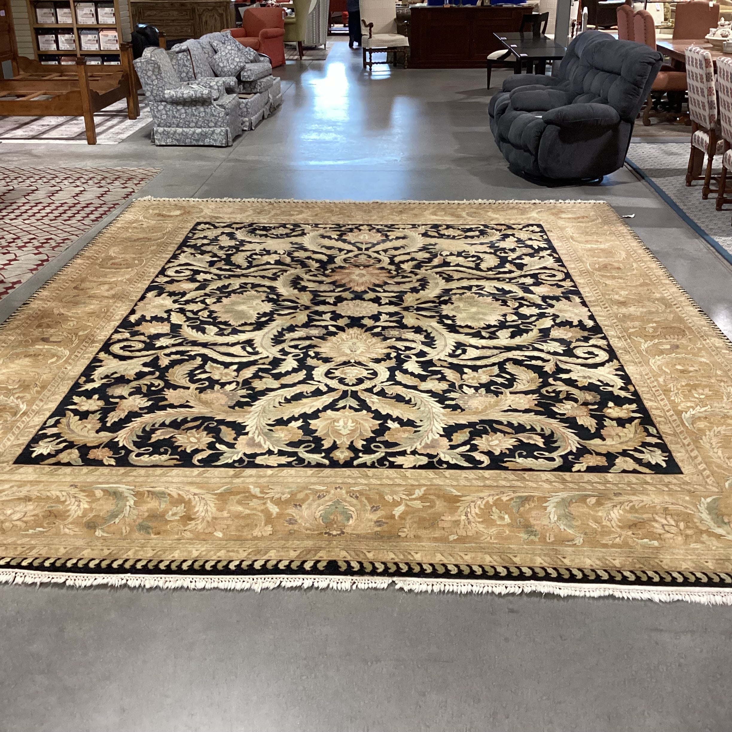 Gold & Black Floral with Border Had Woven Wool Rug 12'2"x 14'10"