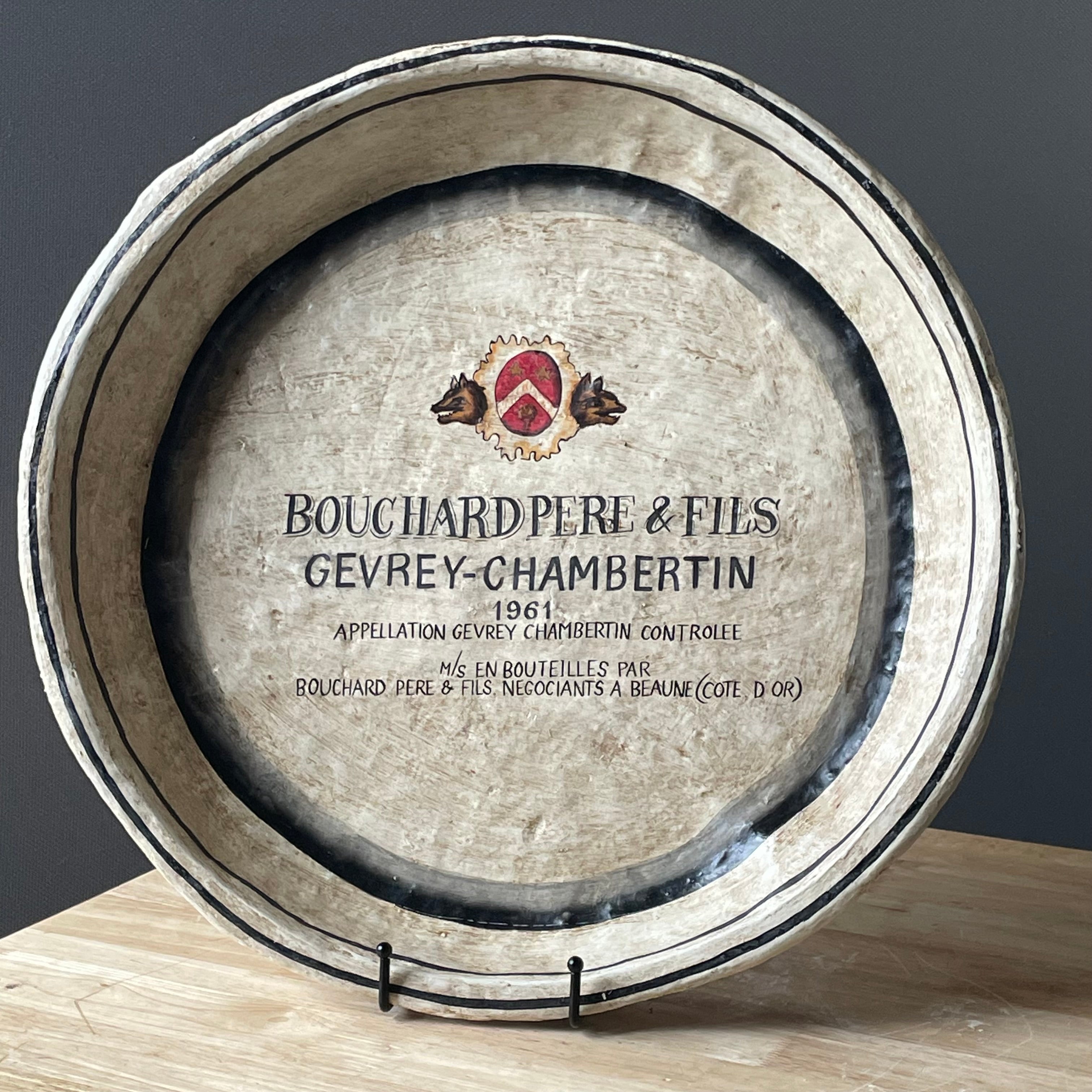 Vintage Decorative Barrel Top Style Large Round Beautifully Painted Wine Label Tray, 19.75"x 2.75"