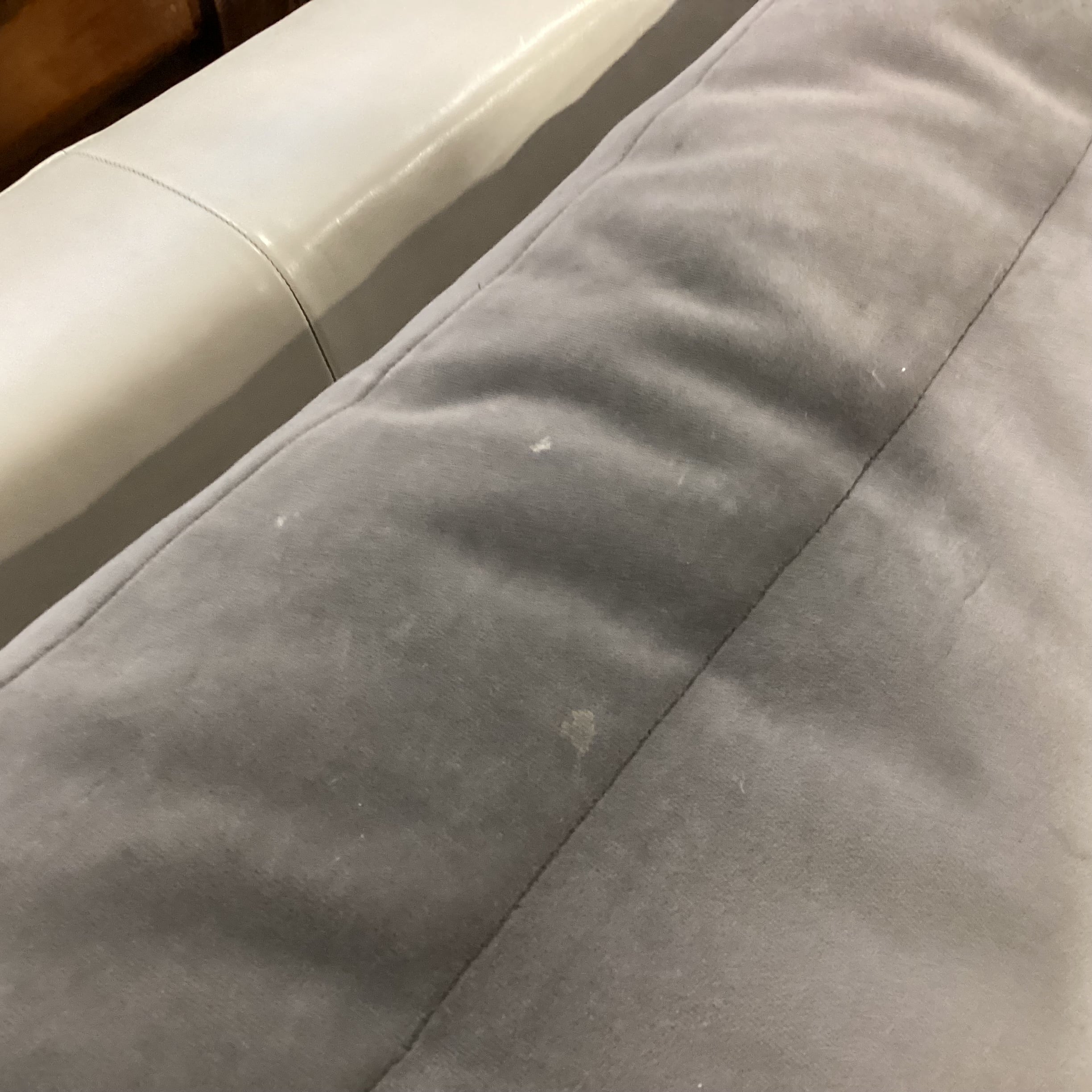 Custom Grey Velvet & Cream Leather Track Arm Down Mix Sofa 96"x 42"x 30"