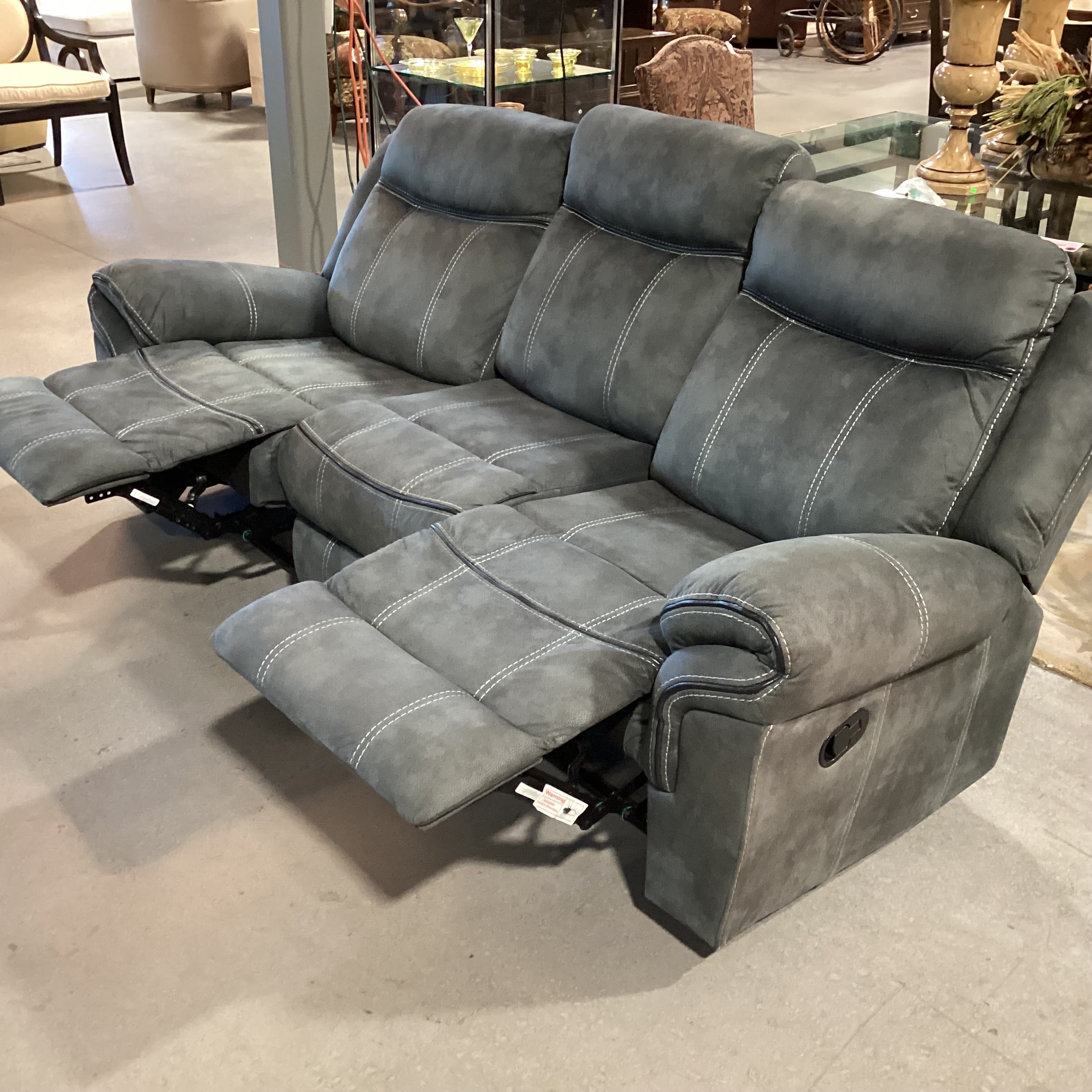 Textured Slate Grey Ultra Suede with Piping & Stitching Accent Double Recliner with Outlet Console Sofa 89"x 39" to 55"x 41"