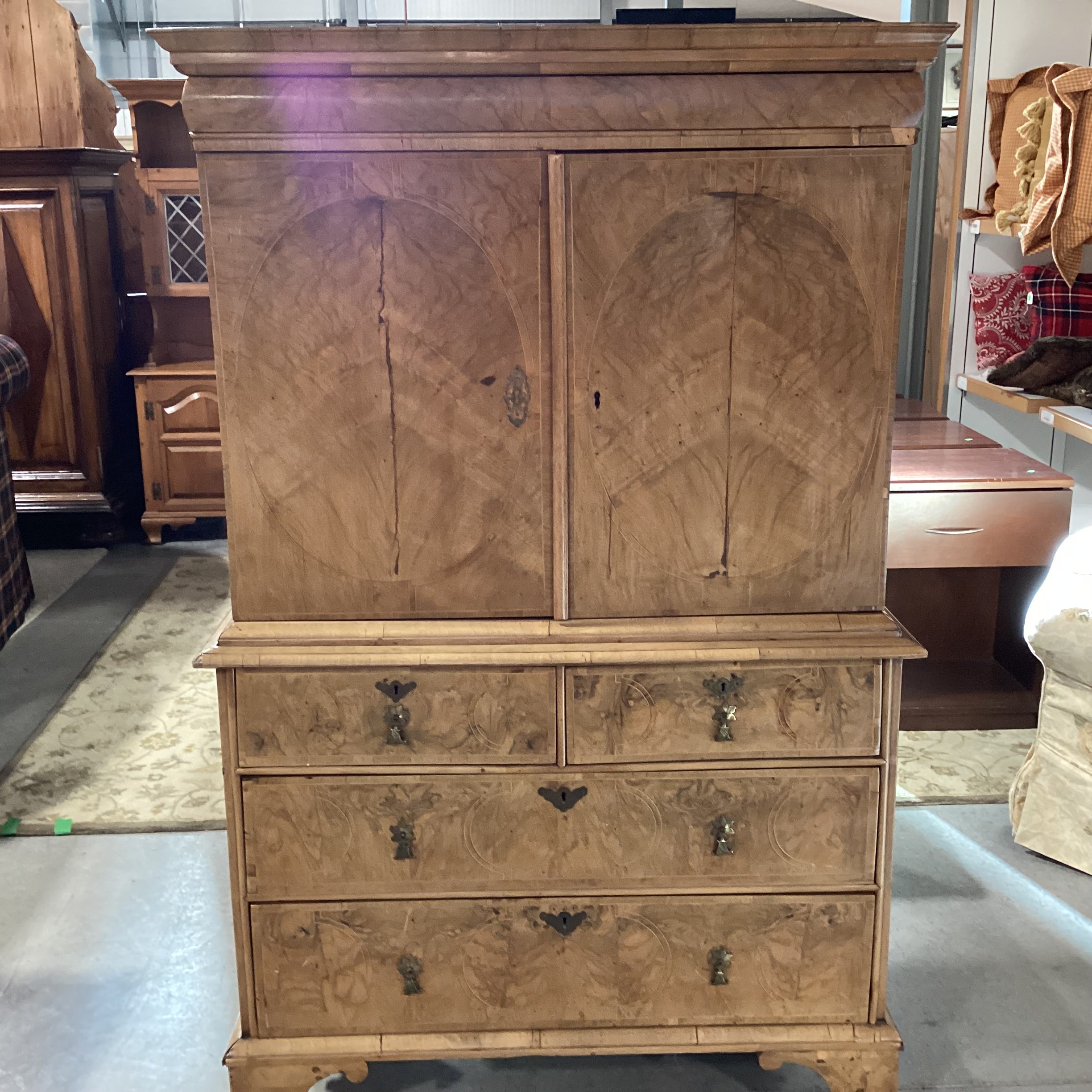 Antique English Burr Walnut Veneer Inlay & Brass Ornate Pulls 18 Drawer 2 Door 2 Piece Cabinet Chest 41"x 18"x 66"