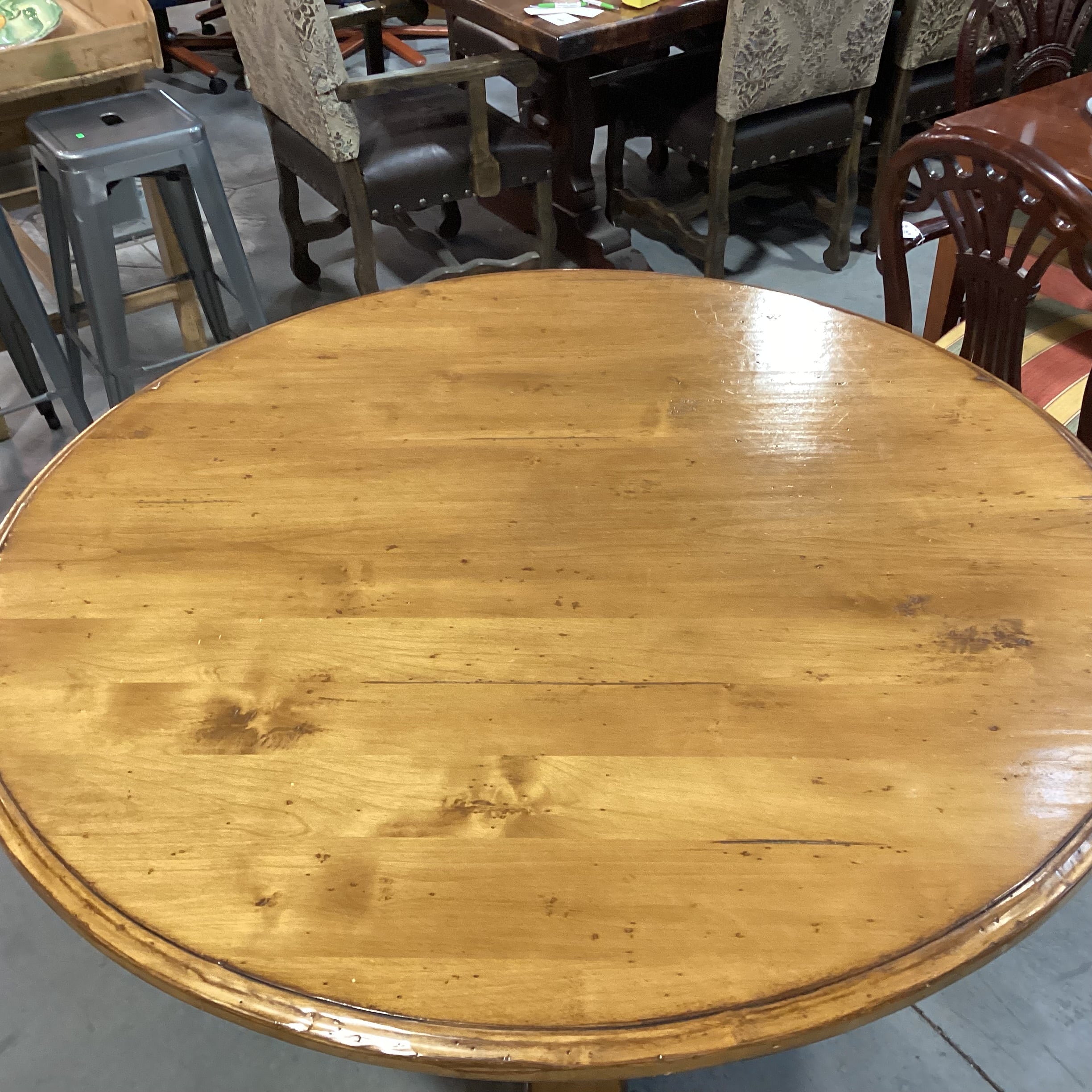 Distressed Finished Wood with Carved Pedestal Round Dining Table 54" Diameter x 30.5"