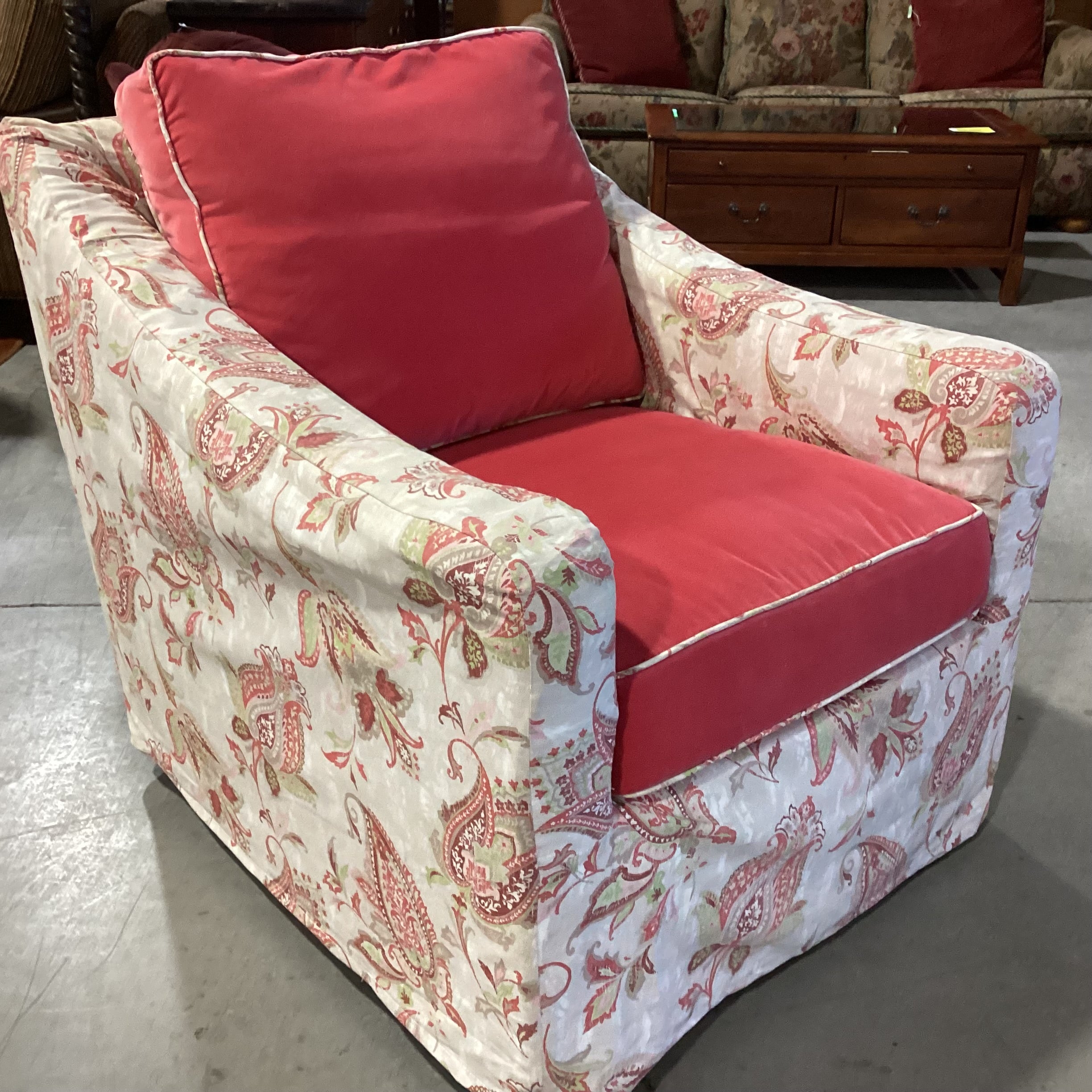 Salmon Pink Velvet with Linen Paisley Slipcover Down Mix Swivel Chair 32"x 39"x 33"