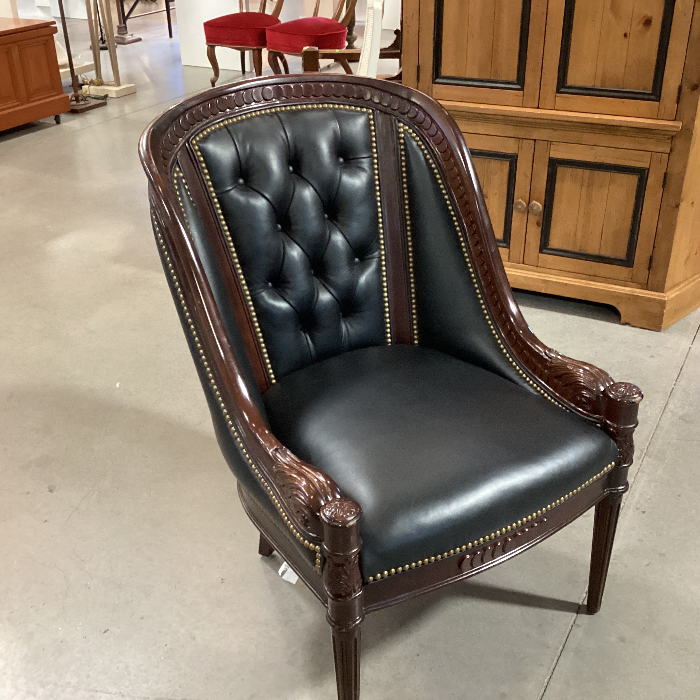Hancock & Moore Ornate Carved Mahogany Finish Wood Black Leather Tufted Nailhead Chair 27"x 32"x 39"