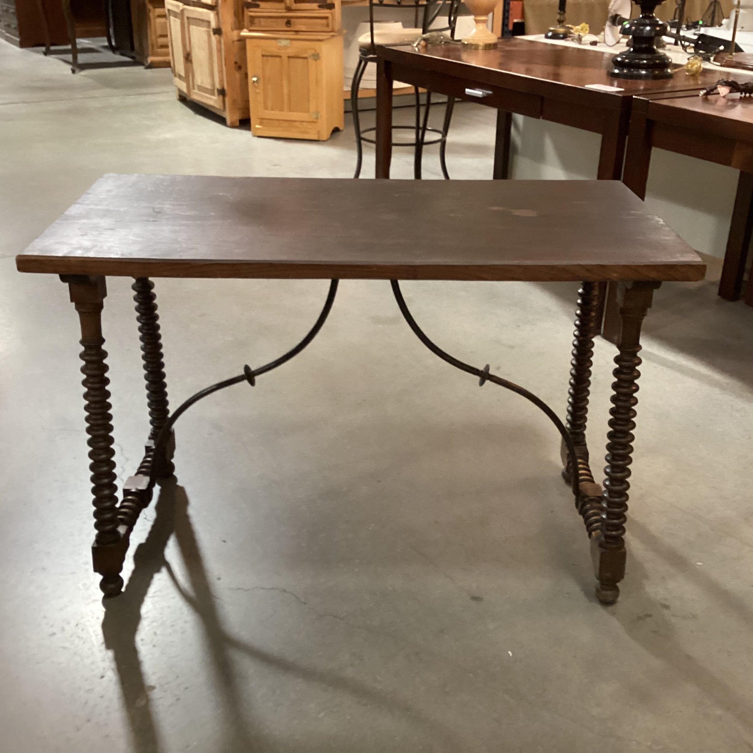 Antique Dark Finish Wood with Bobbin Turnings & Iron Stretchers Accent Table 44.5"x 22"x 28.5"