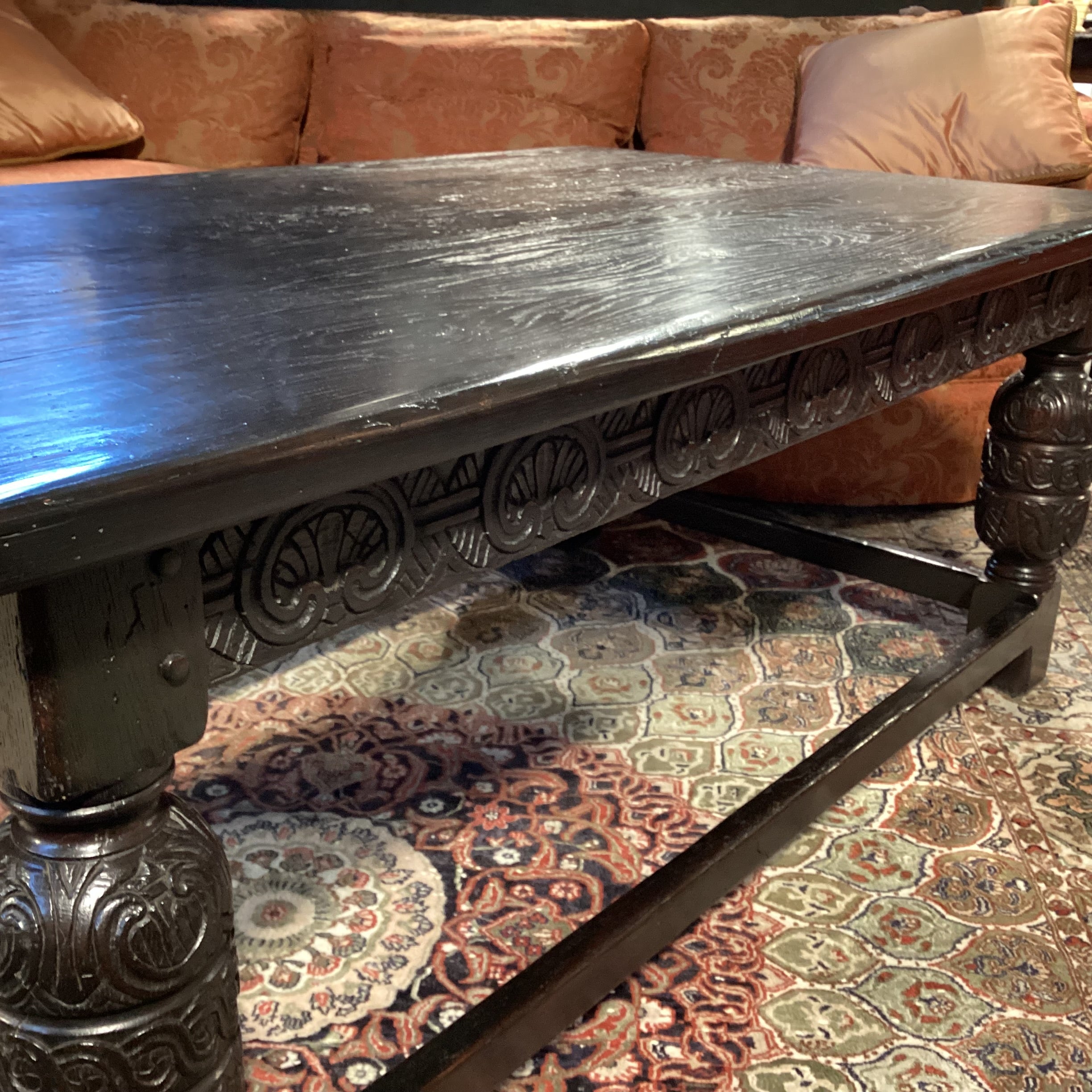 Antique Black Finish Ornate Carved Wood Coffee Table 60"x 36"x 24"