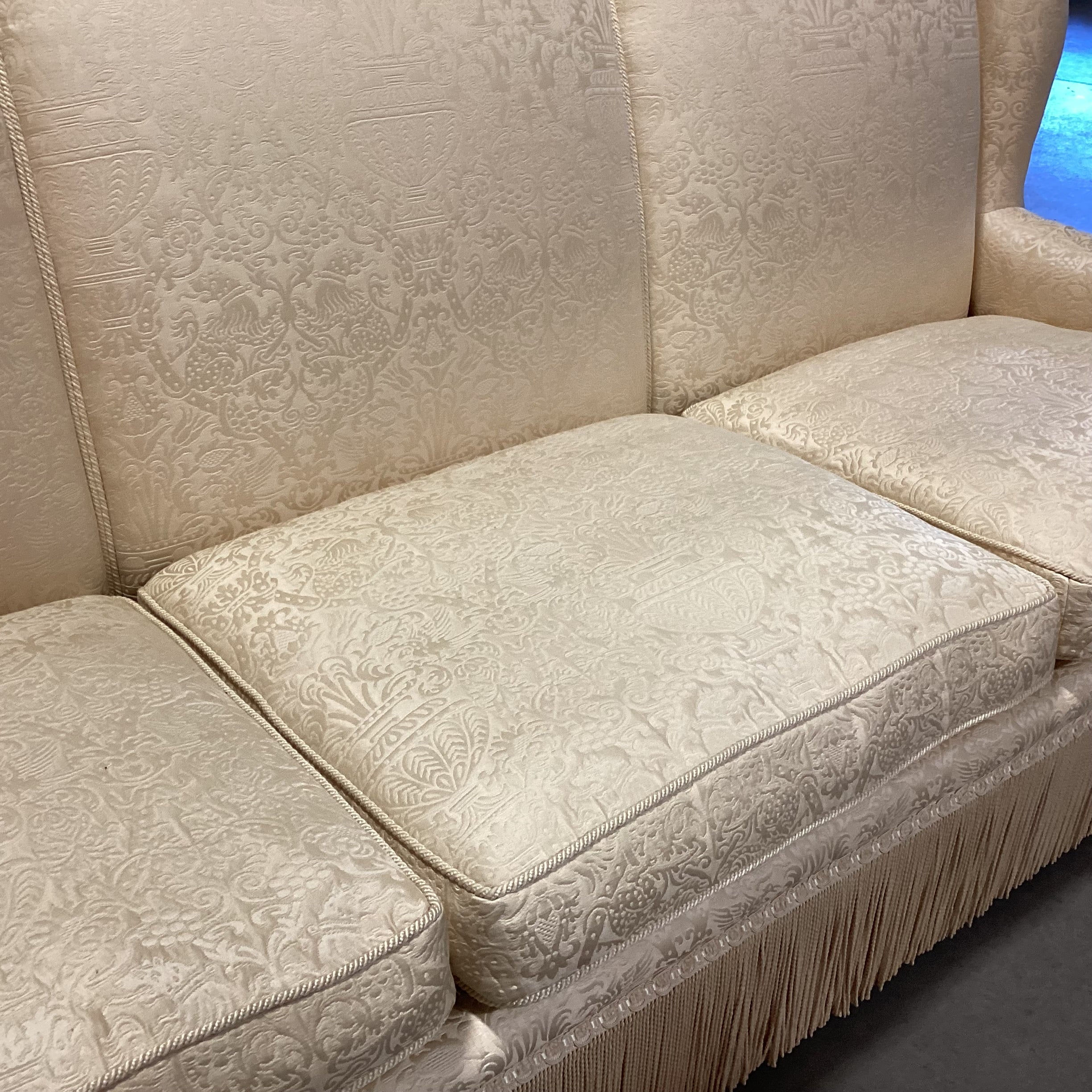 Custom Gold Raised Stitched Floral Urns with Piping & Fringe Down Mix High Back Sofa 102"x 41"x 41"