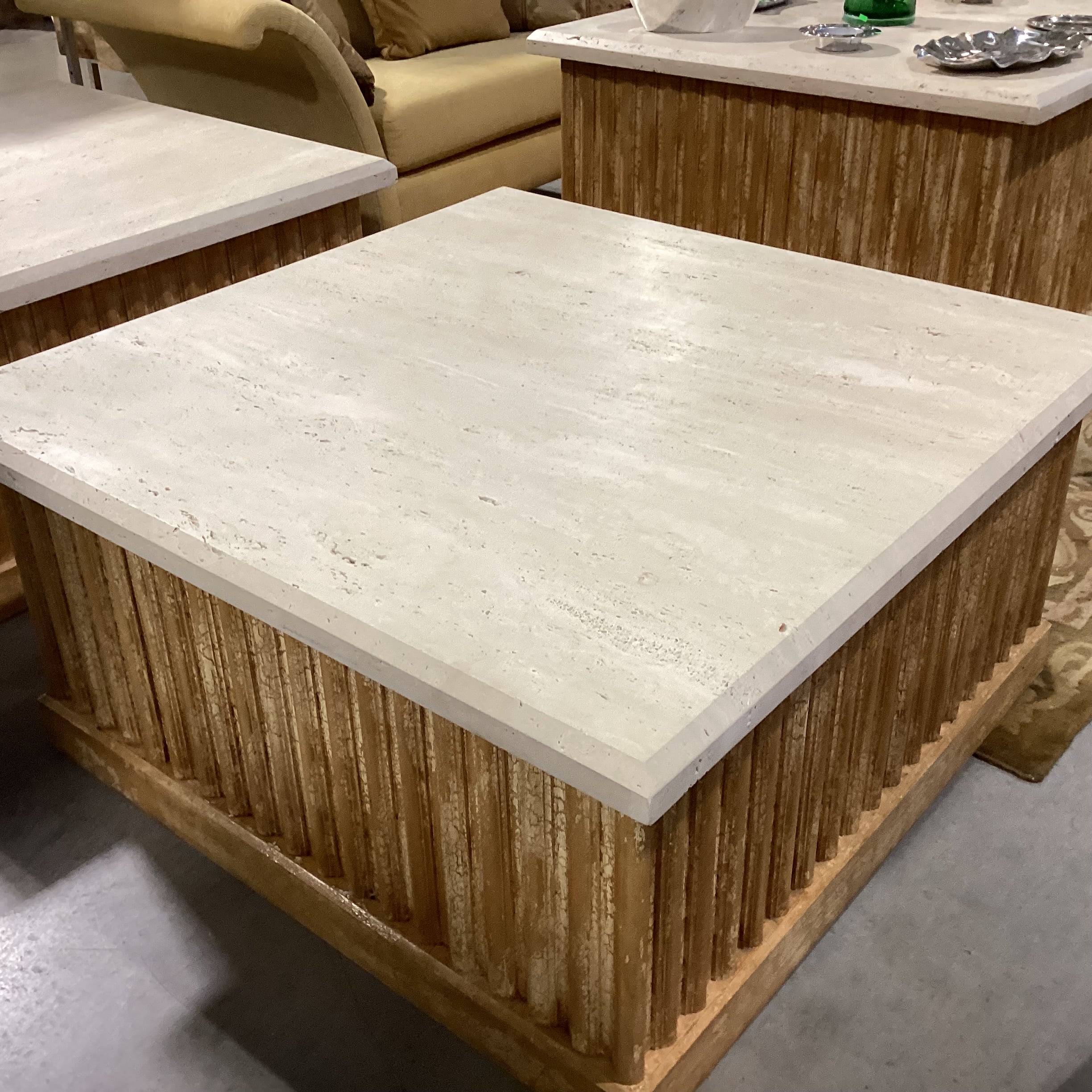Custom Ribbed with Textured Crackle Finish Wood 1 Door with Shelf Travertine Top Coffee Table 48"x 48"x 24.5"