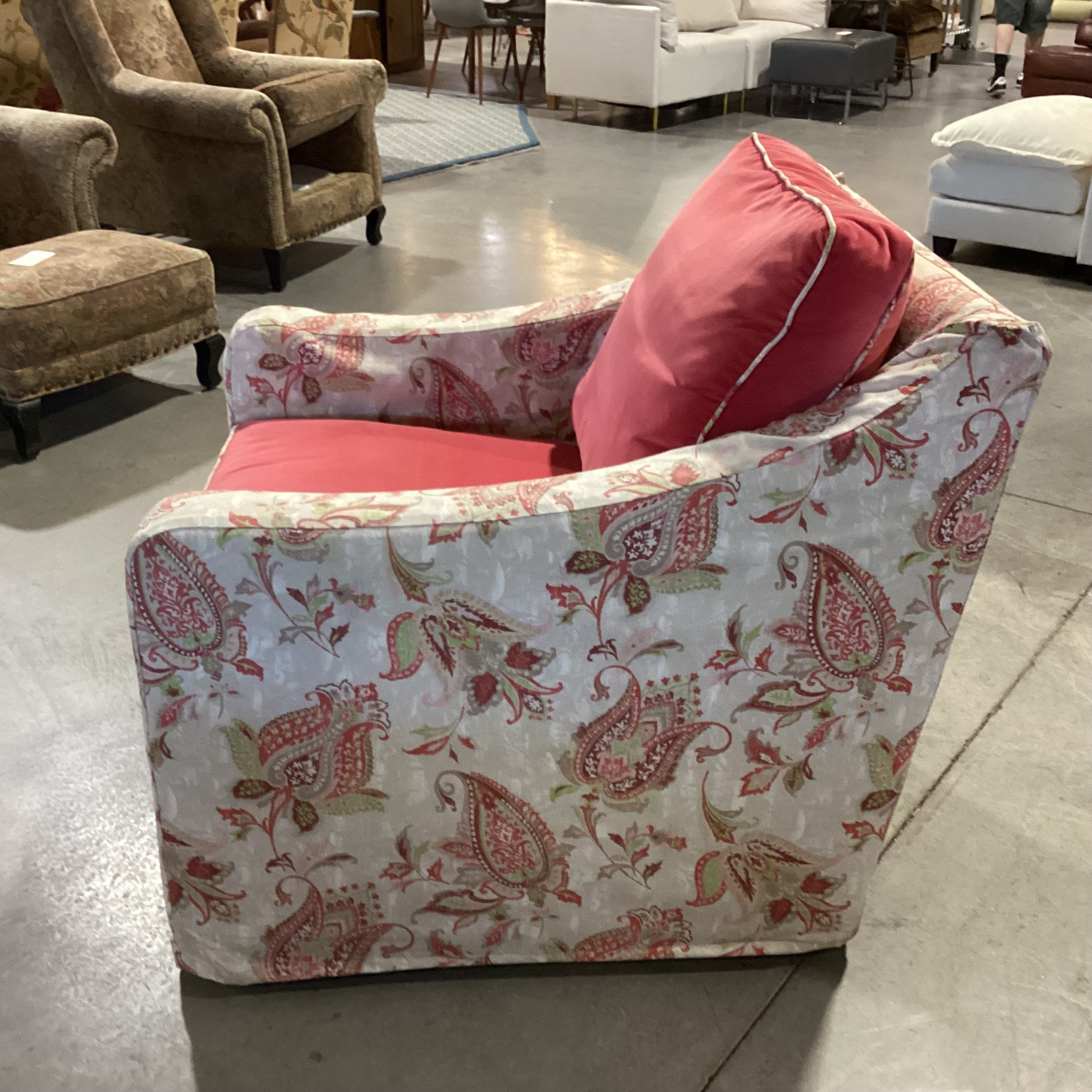 Salmon Pink Velvet with Linen Paisley Slipcover Down Mix Swivel Chair 32"x 39"x 33"