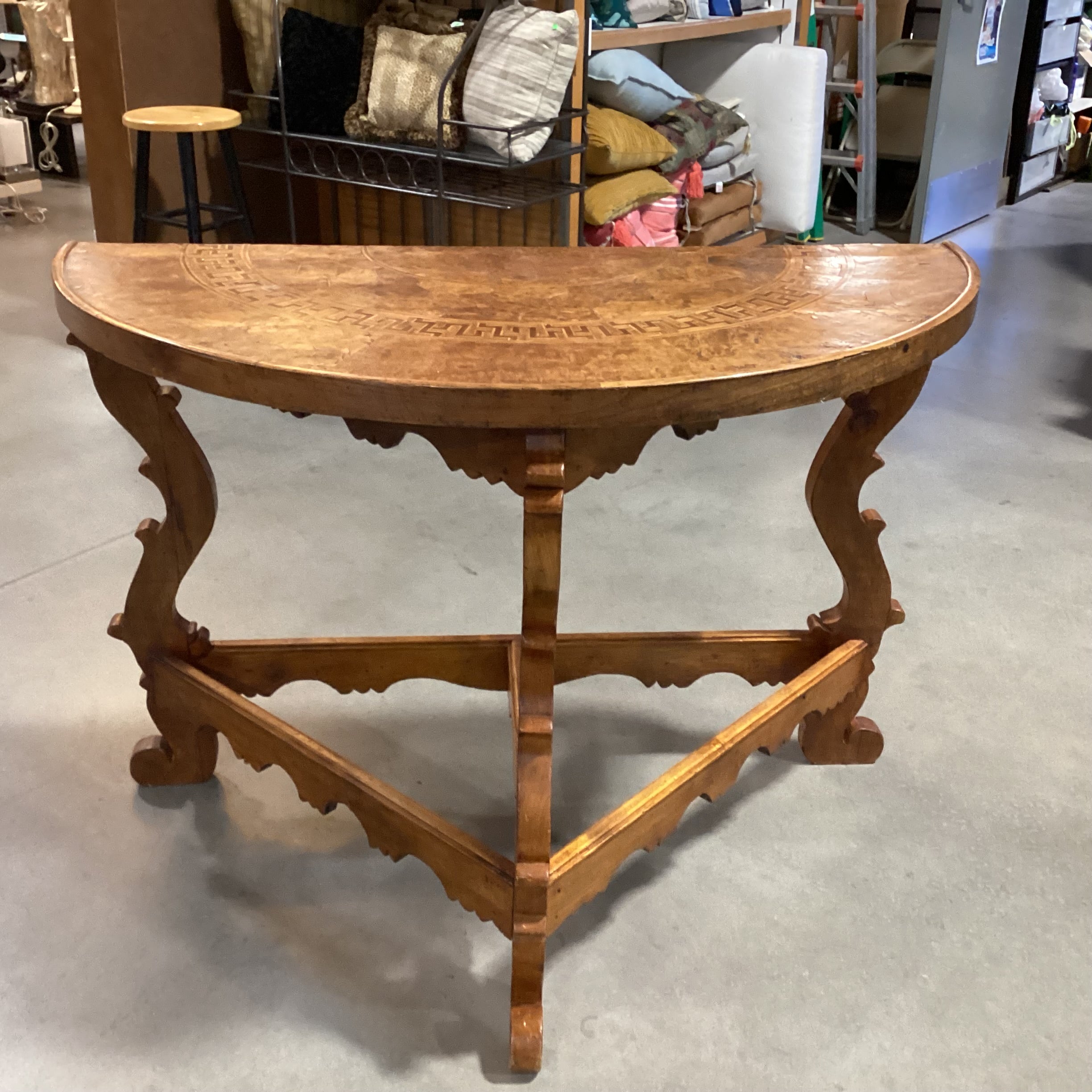 Antique Ornate Carved Wood & Inlay Demi Lune Accent Table 49"x 25"x 35"