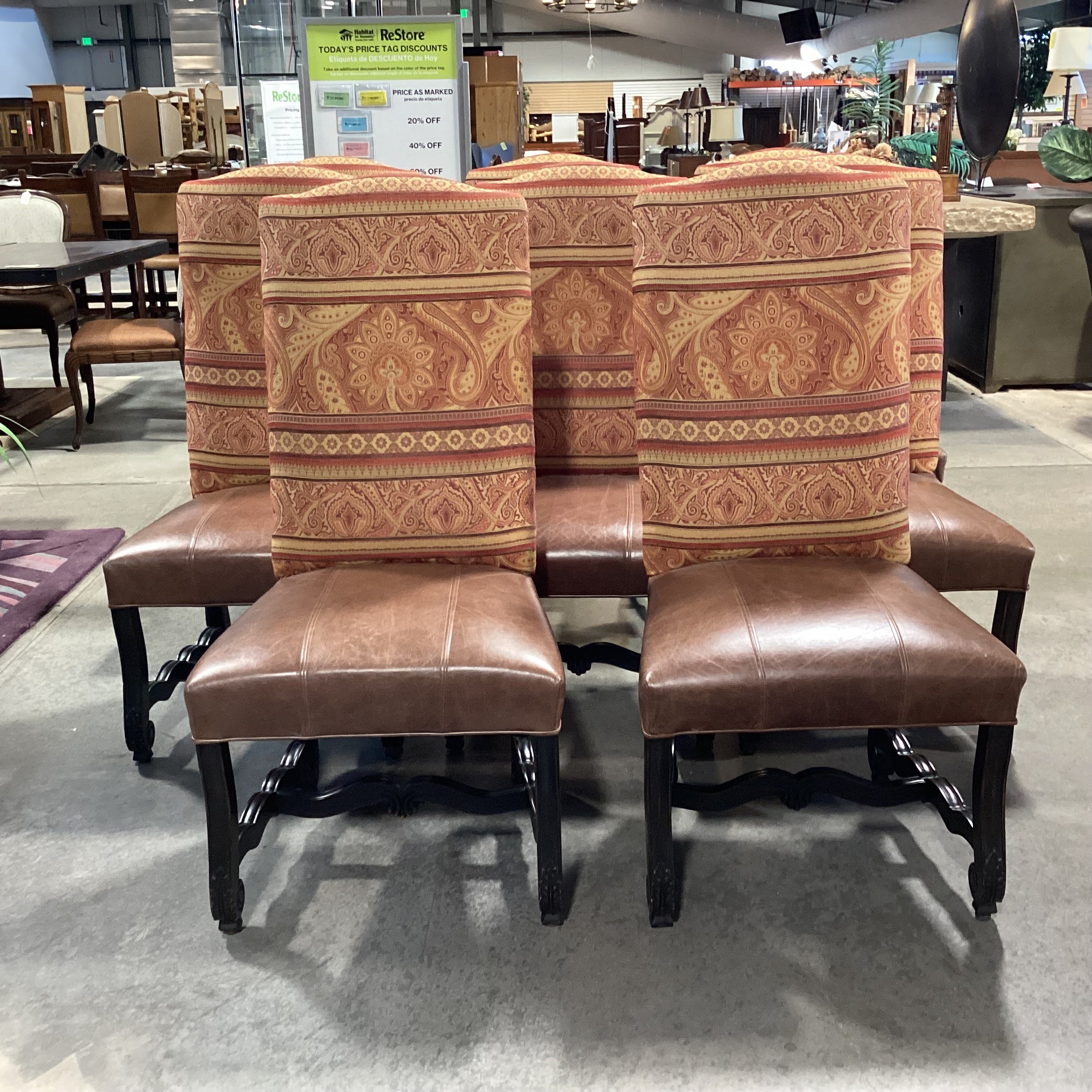 SET of 8 Carved Antiqued Black Wood Leather & Orange Gold Upholstered Dining Chairs 23"x 22"x 46"