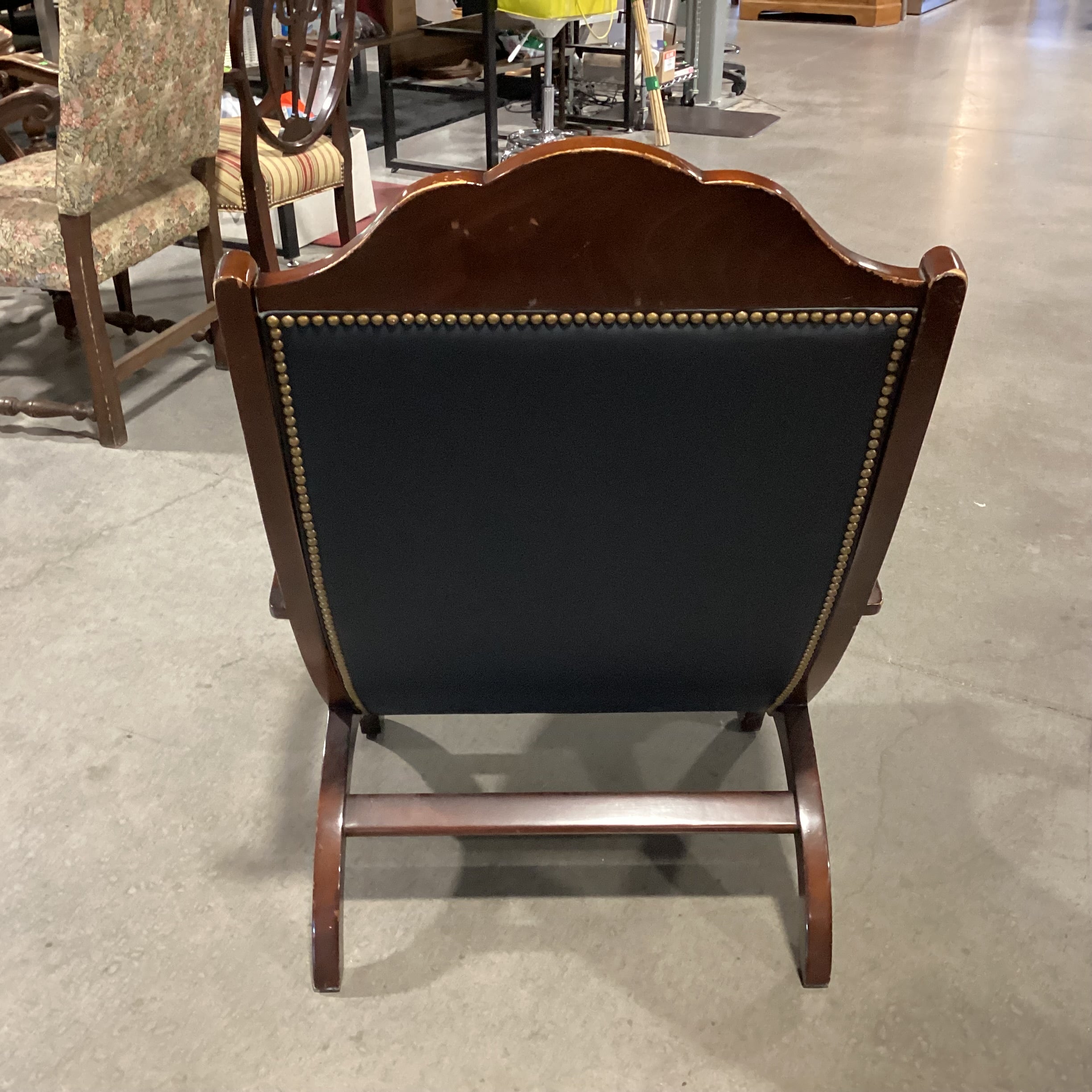 Black Leather Nailhead & Carved Wood Plantation Style Chair 27"x 30"x 40"
