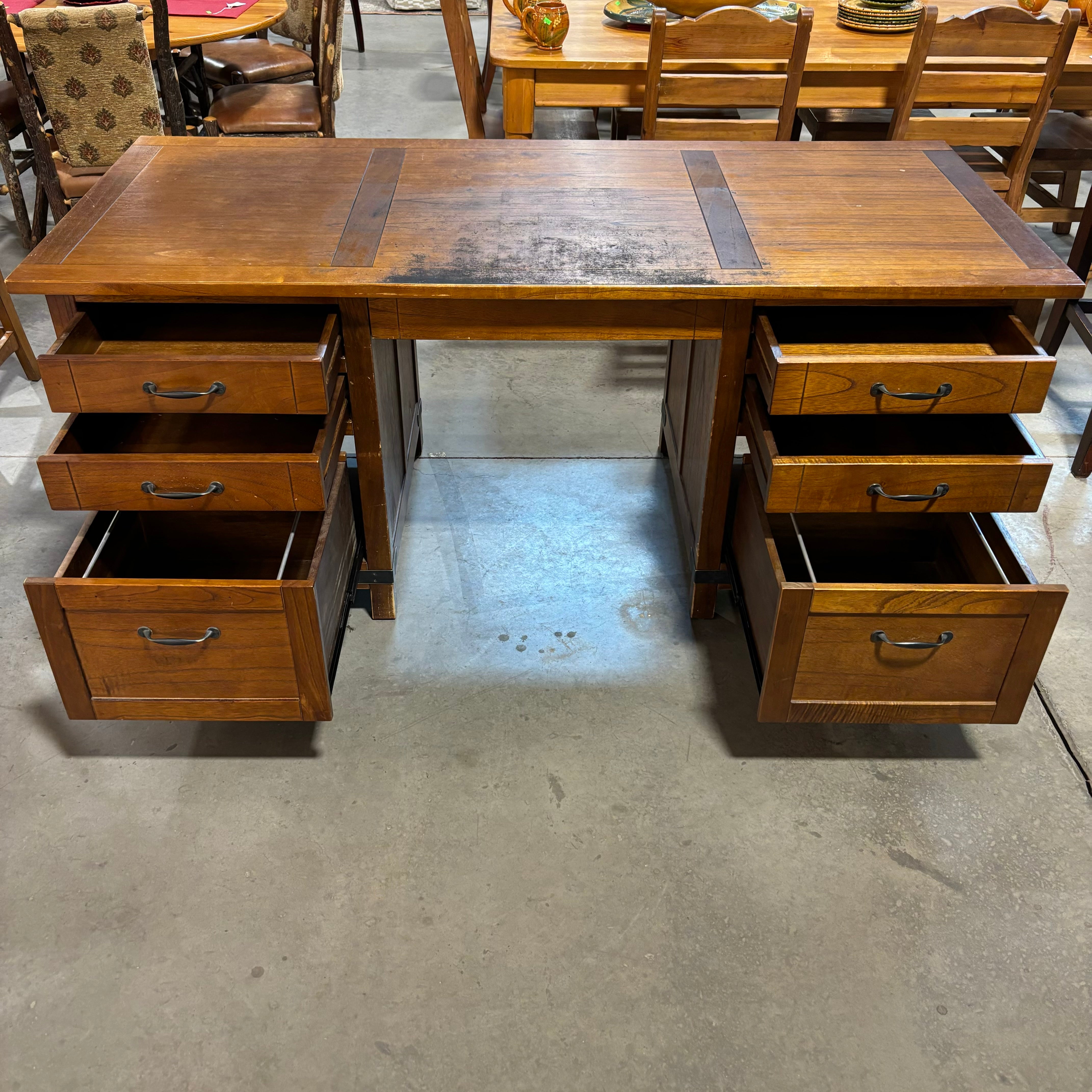 Arhaus Solid Wood with Iron Accents 6 Drawer Desk 71"x 31.5"x 30.5"