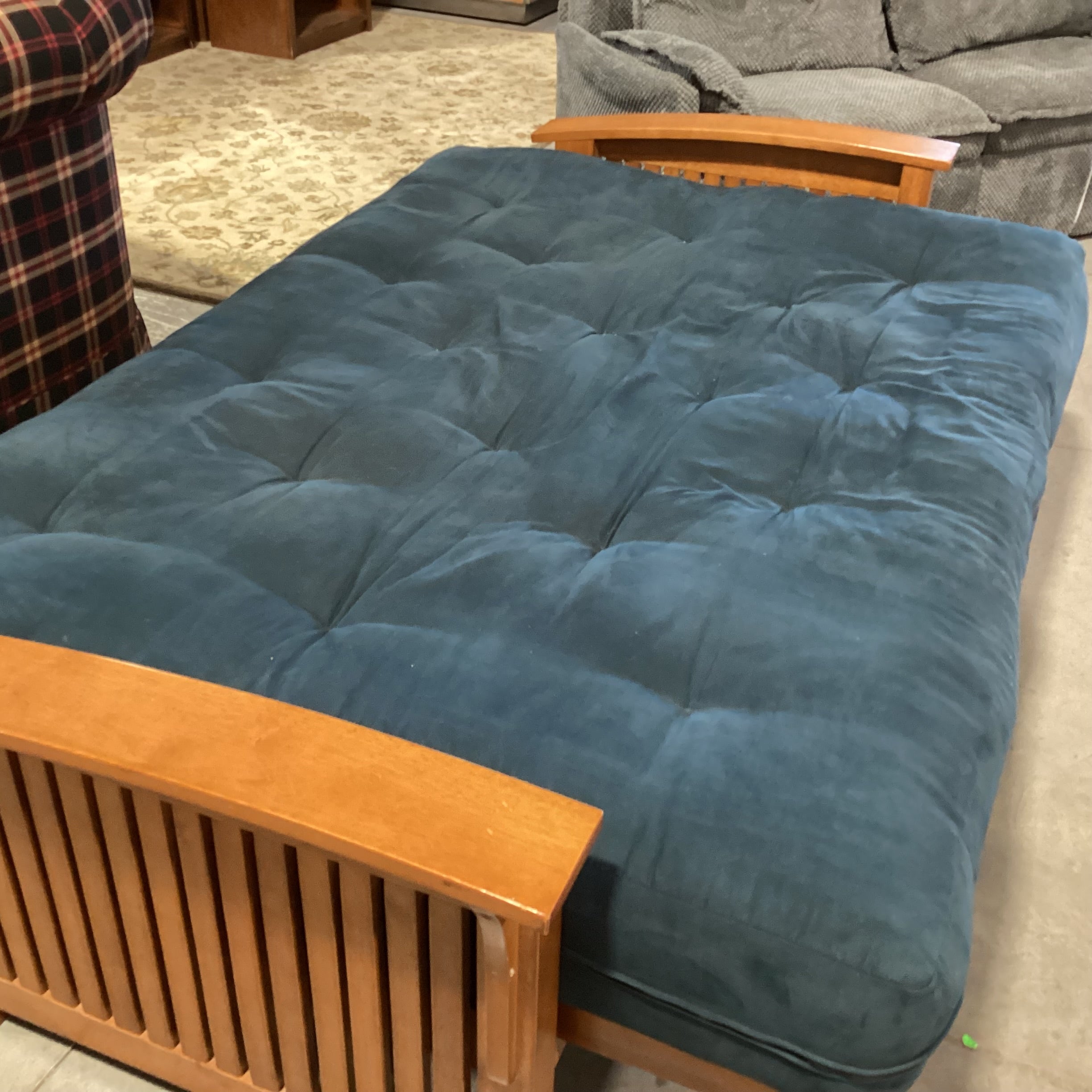 Wood Frame & Blue Micro Suede Cushion Futon Sofa 83"x 41" to 55"x 35"