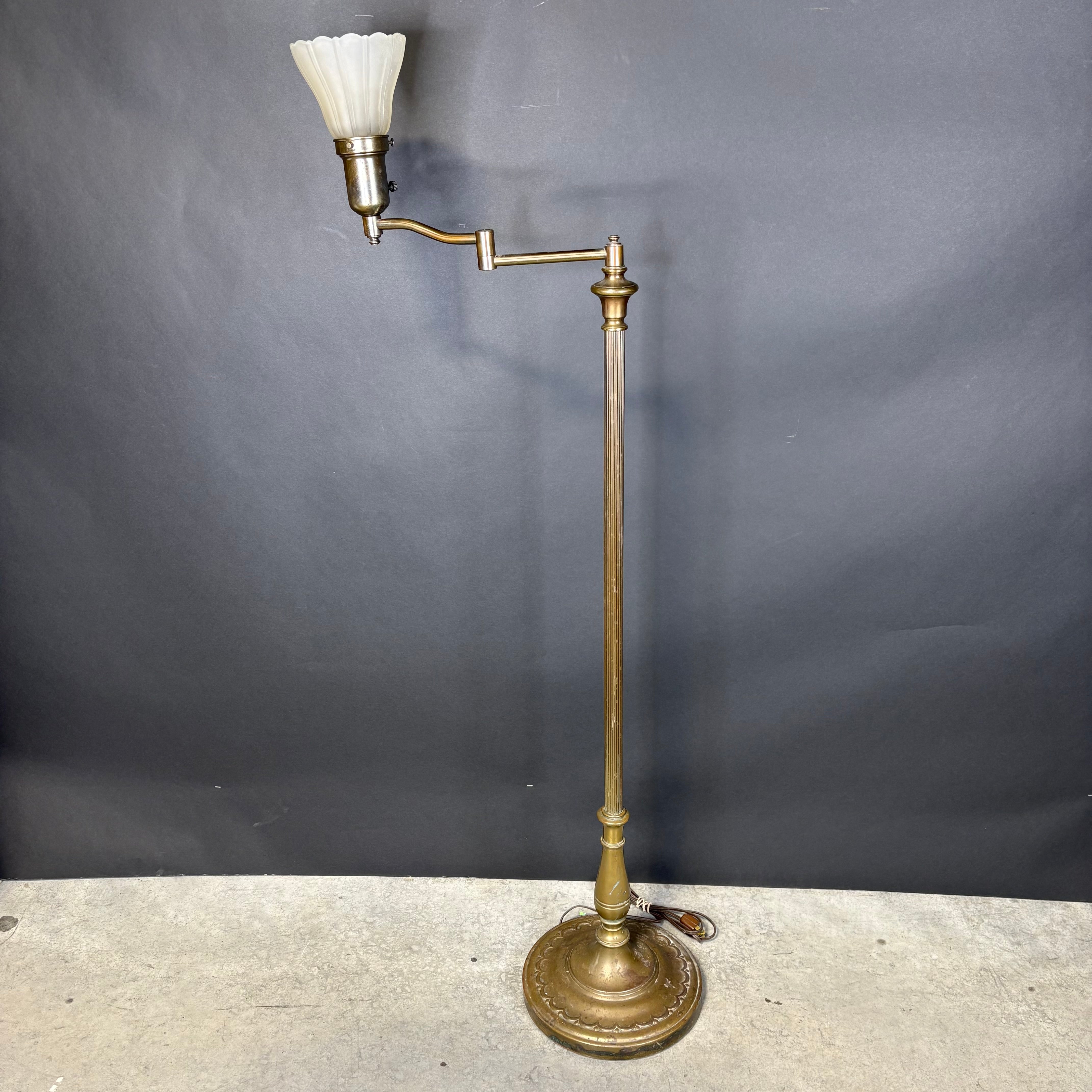 Antique Ornate Brass Swing Arm with Glass Shade Floor Lamp 11” Diameter x 53”