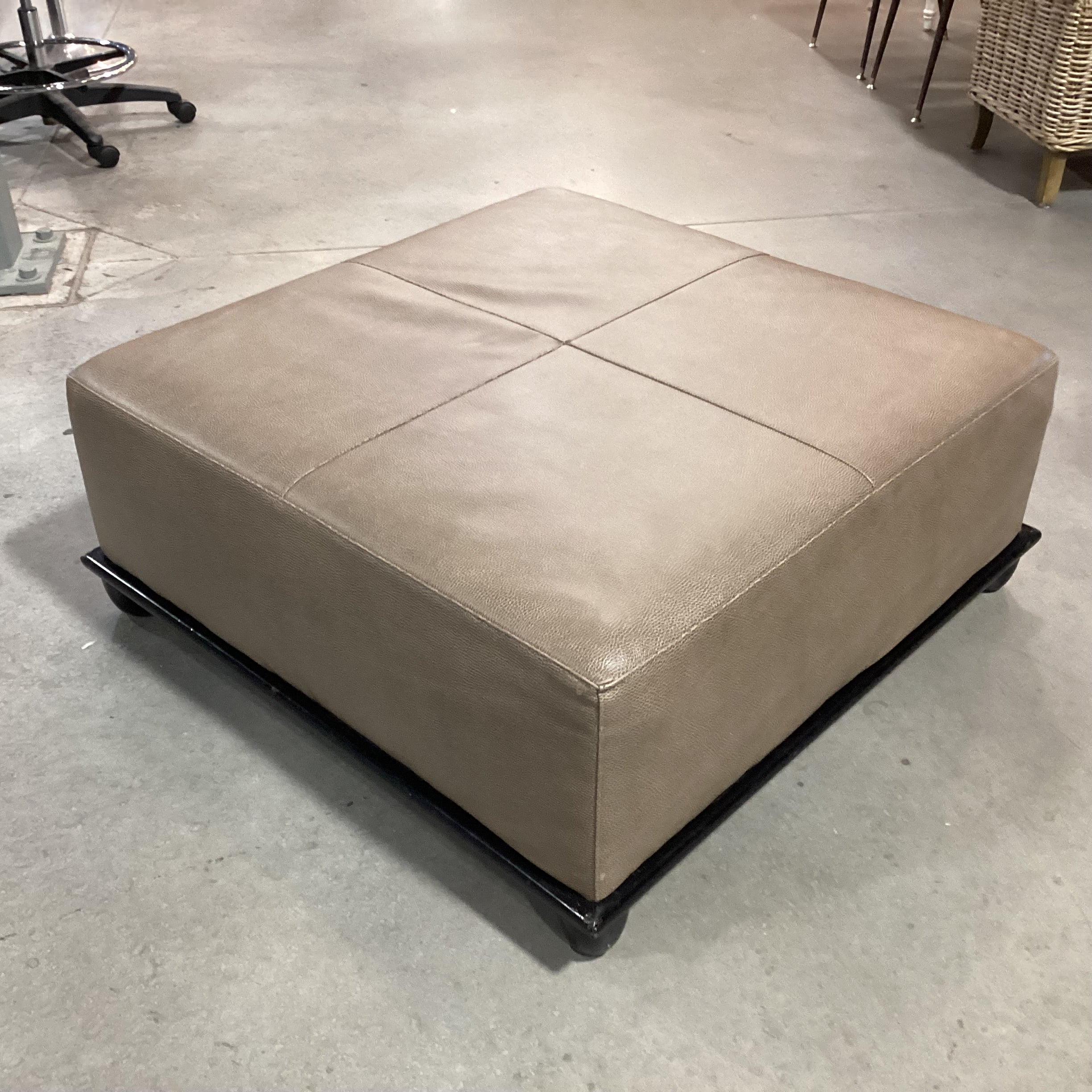 Baker Milling Road Collection Taupe Brown Textured Leather & Black Wood Base Ottoman 38"x 38"x 16"