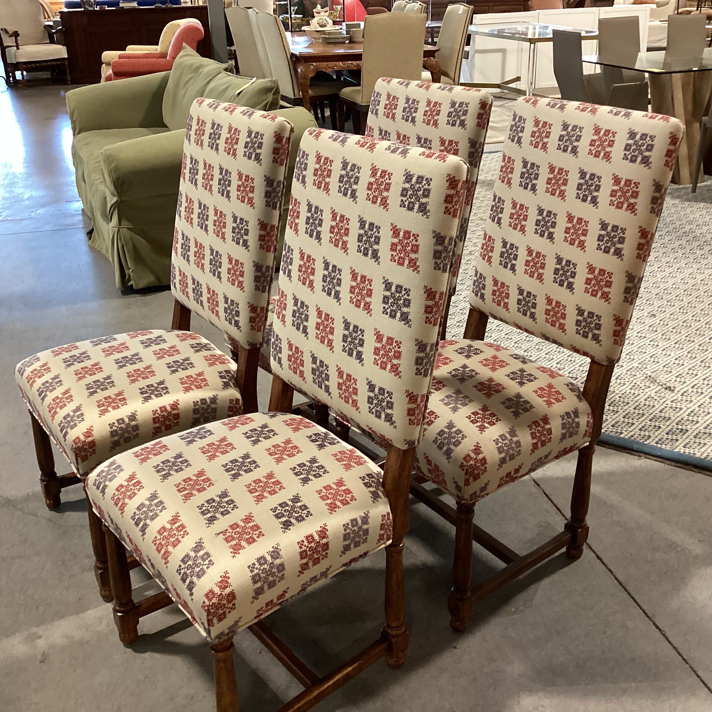 Set Of 4 Carved Wood & Beige Purple Red Pattern Linen Dining Chairs 21"x 20"x 42.5"