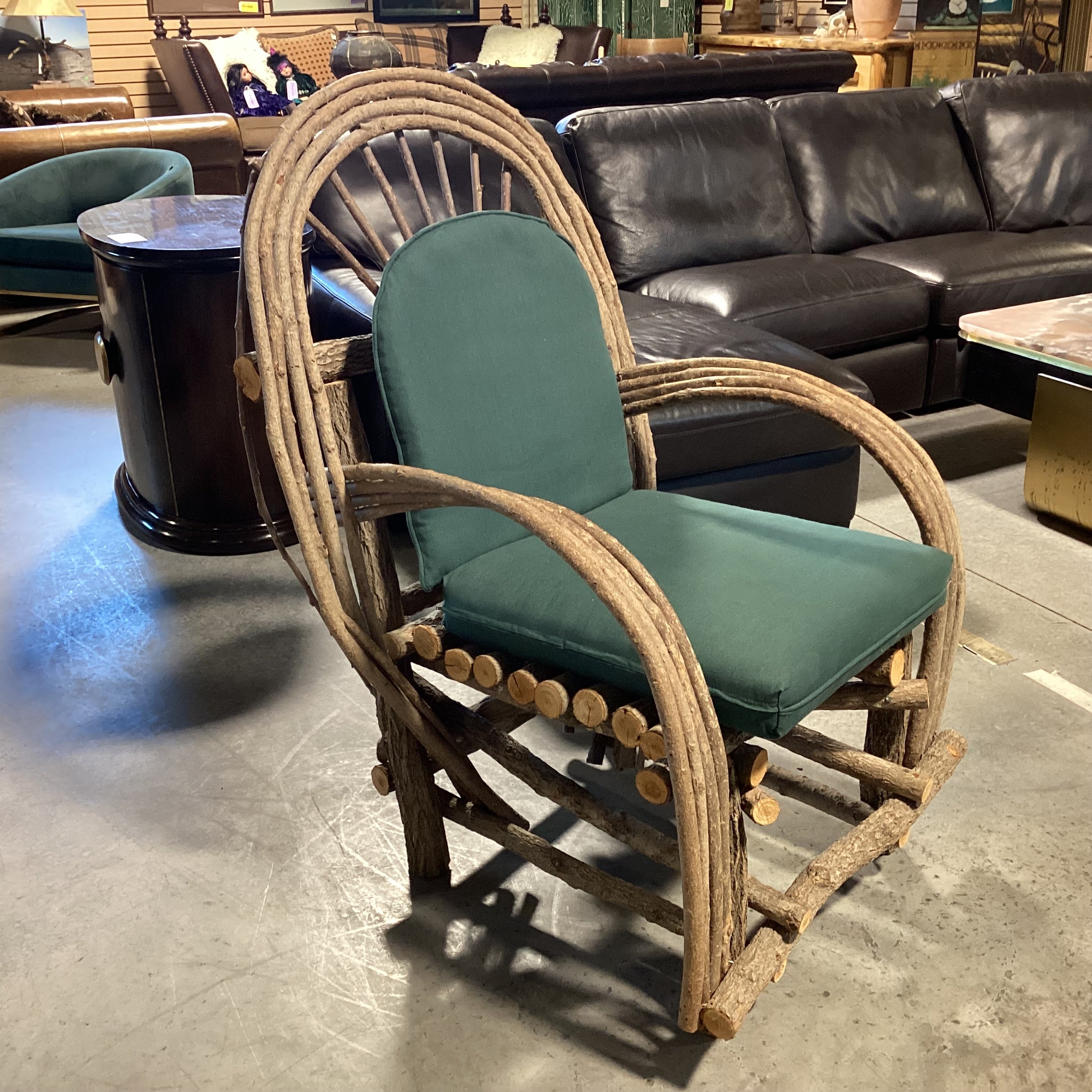 Log & Branch Arched & Rounded Arm with Green Cushions Chair 31"x 33"x 35"