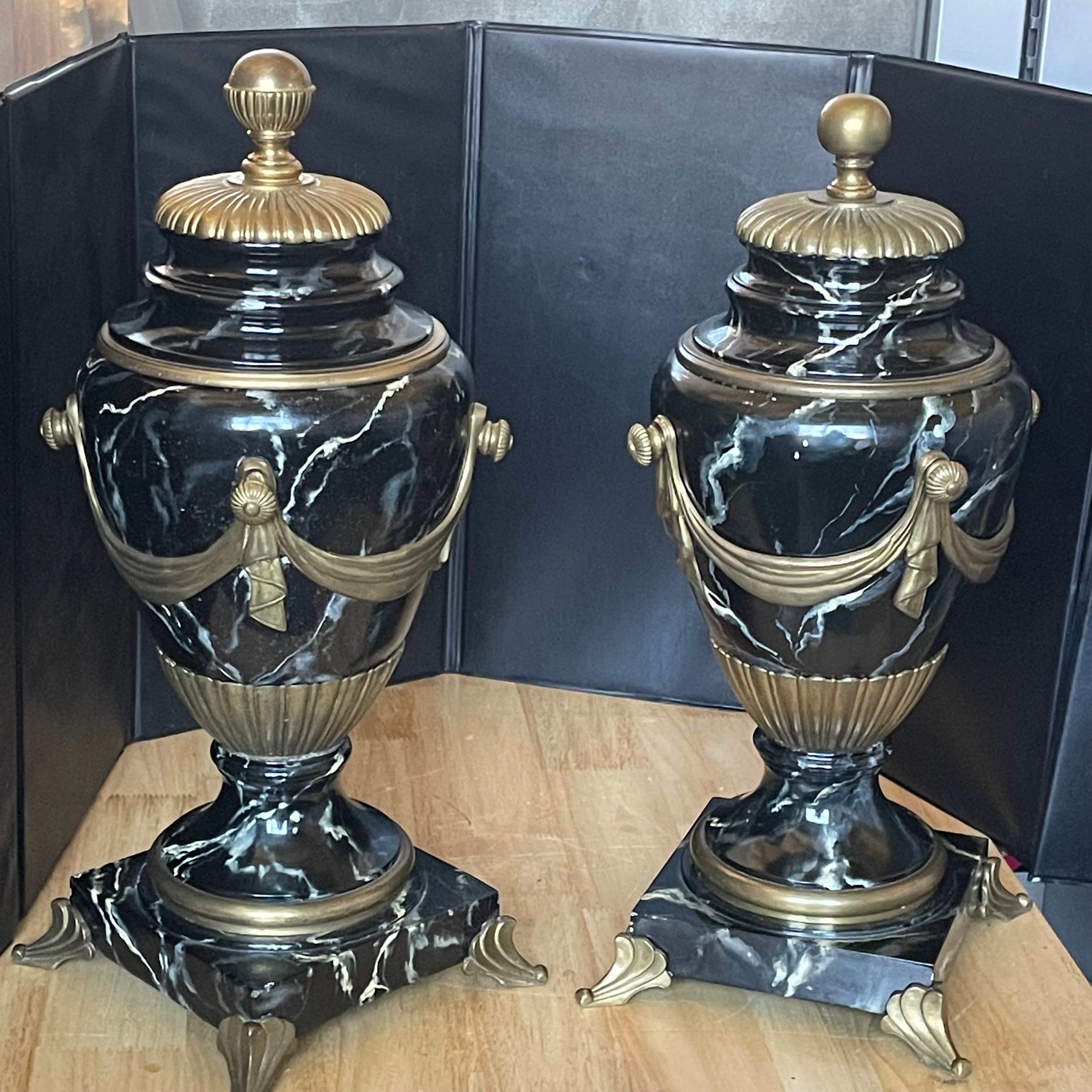 19th Century French Louis VXI Style Vert de Patricia/Blue-Veined Marble, Bronze, Ormolu Urns, Pair