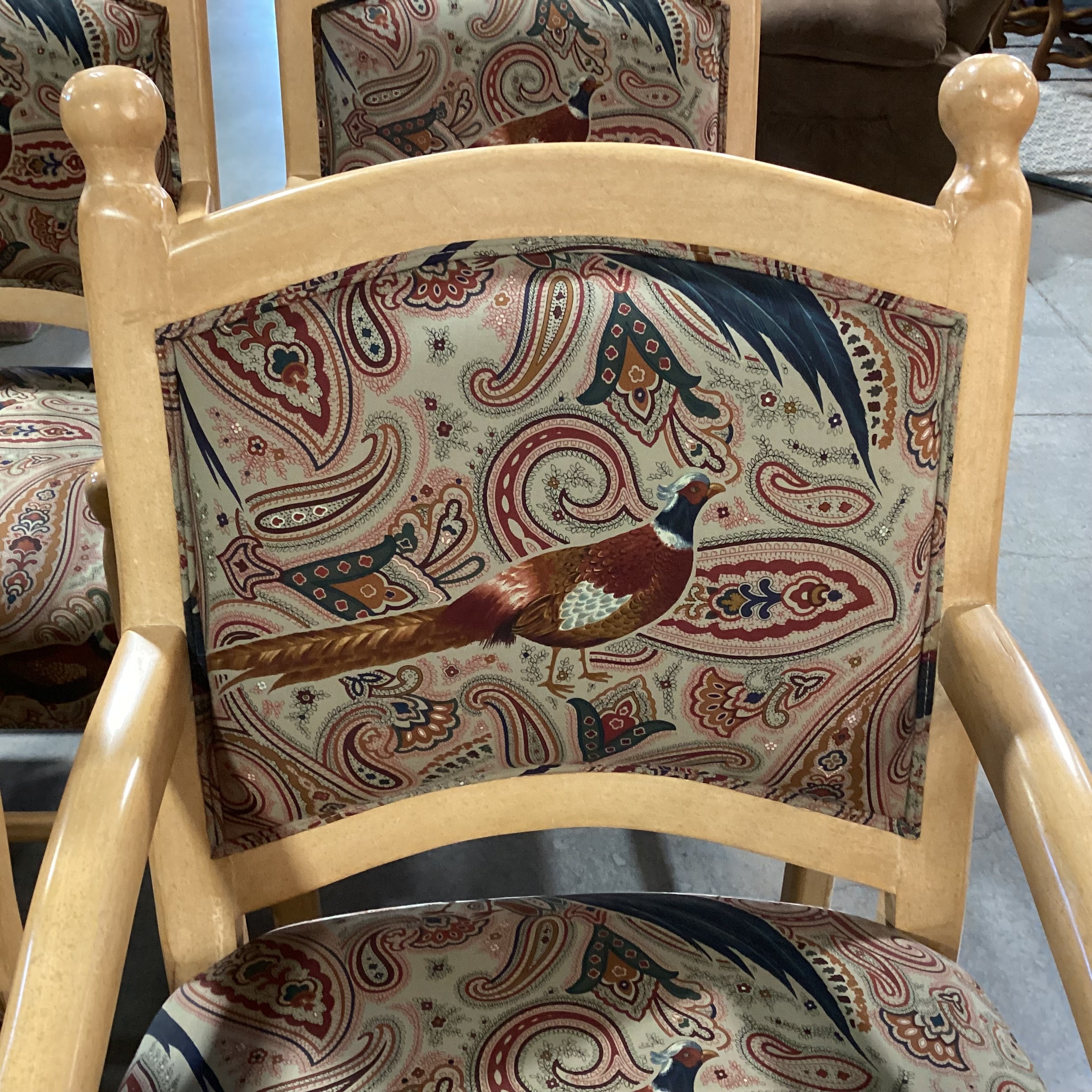 SET of 4 Beverly Interiors Custom Carved Wood & Rust Teal Pheasant Upholstered Armed Dining Chairs 24"x 25"x 39"