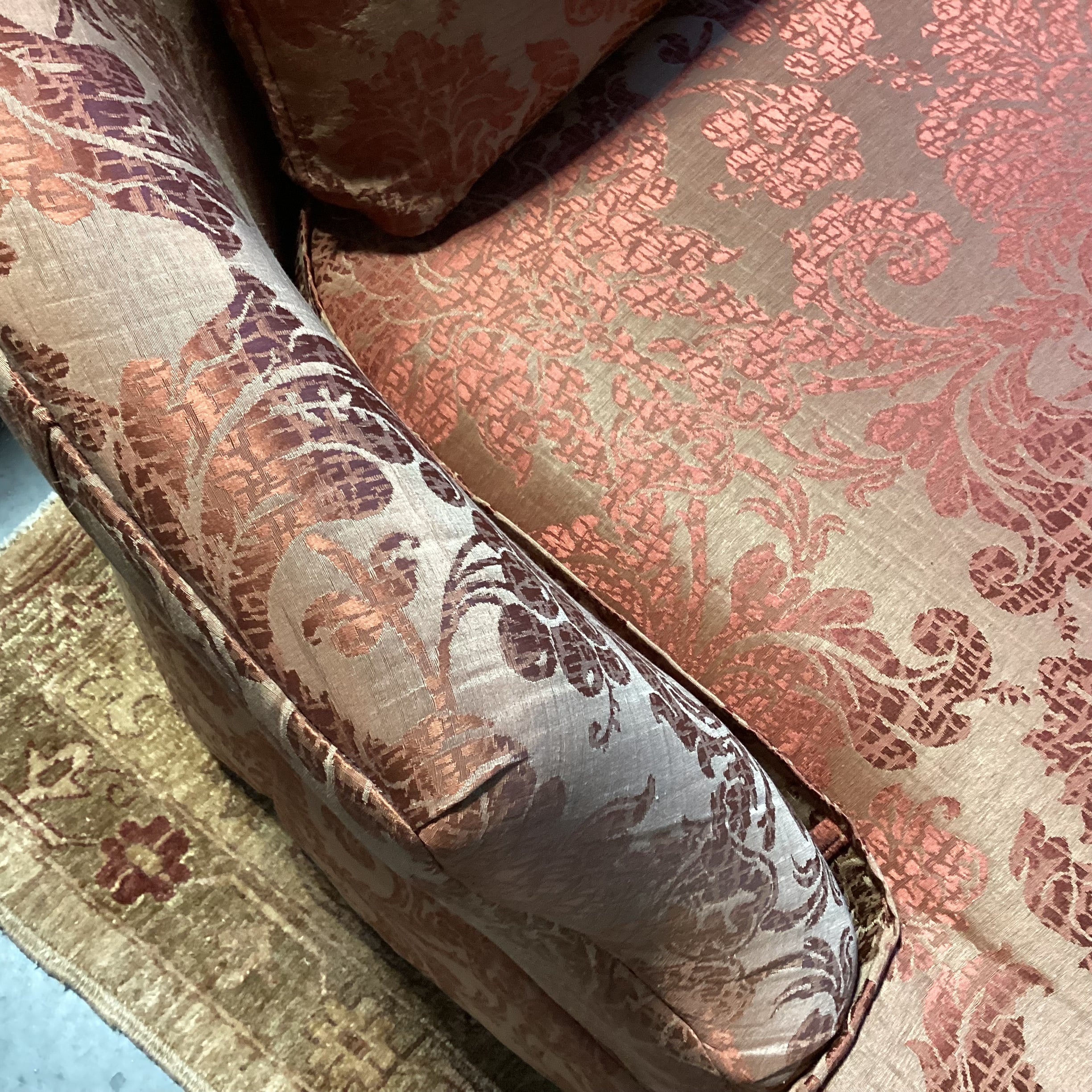 Custom Golden Burnt Orange Ornate Silky Metallic Floral Down Mix Curved Sofa 107"x 44"x 32"