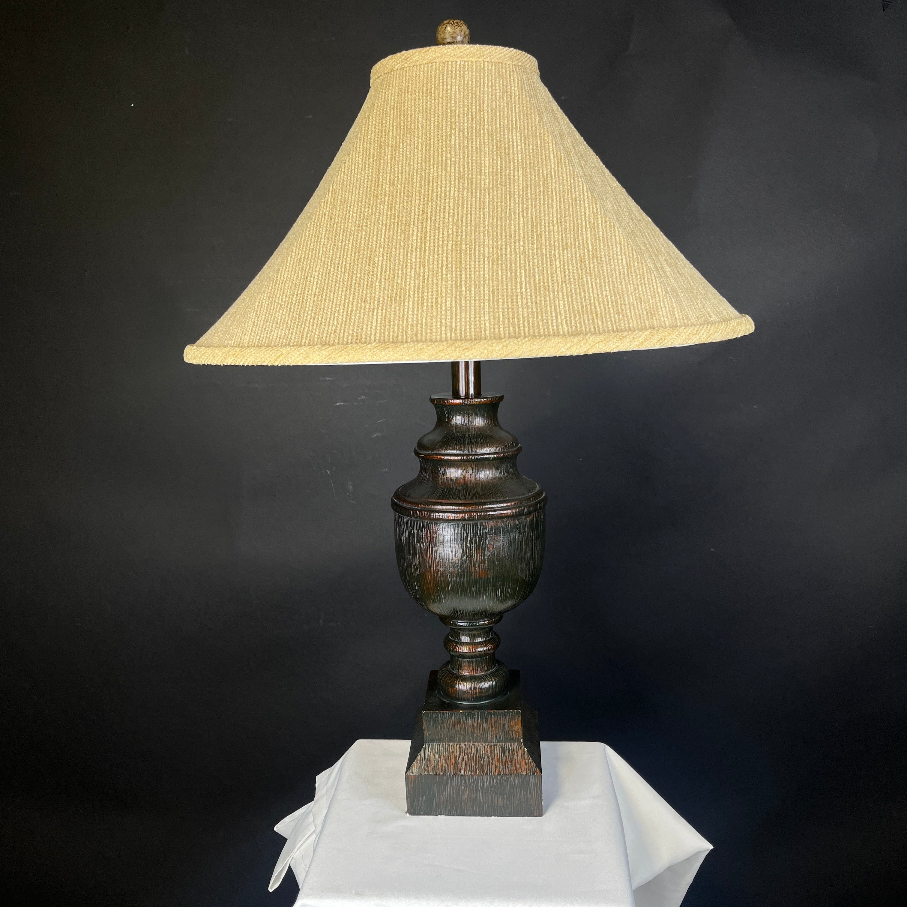 Traditional Deep Brown/Red Textured Resin Urn with Shade Table Lamp 23” Diameter @ Shade x 32”