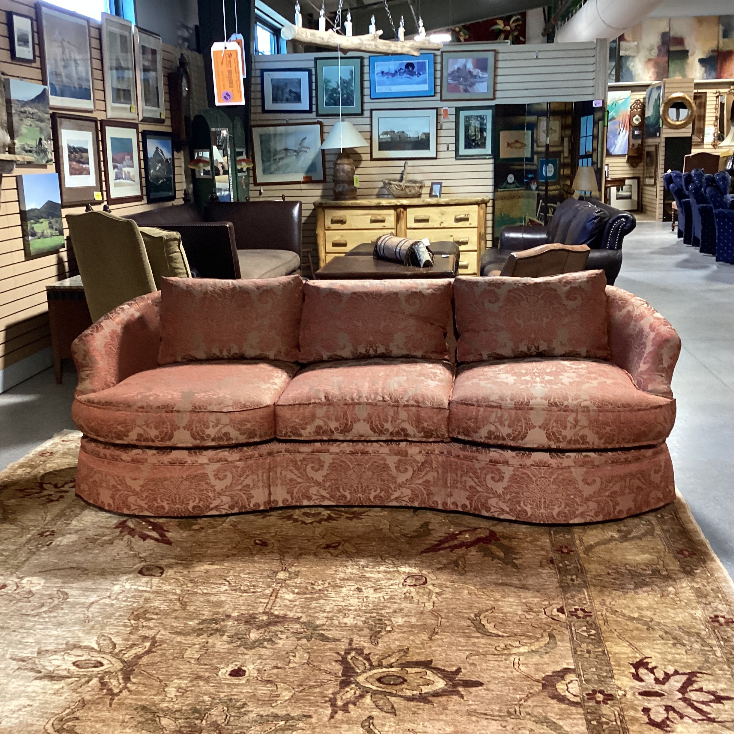 Custom Golden Burnt Orange Ornate Silky Metallic Floral Down Mix Curved Sofa 101"x 44"x 32"