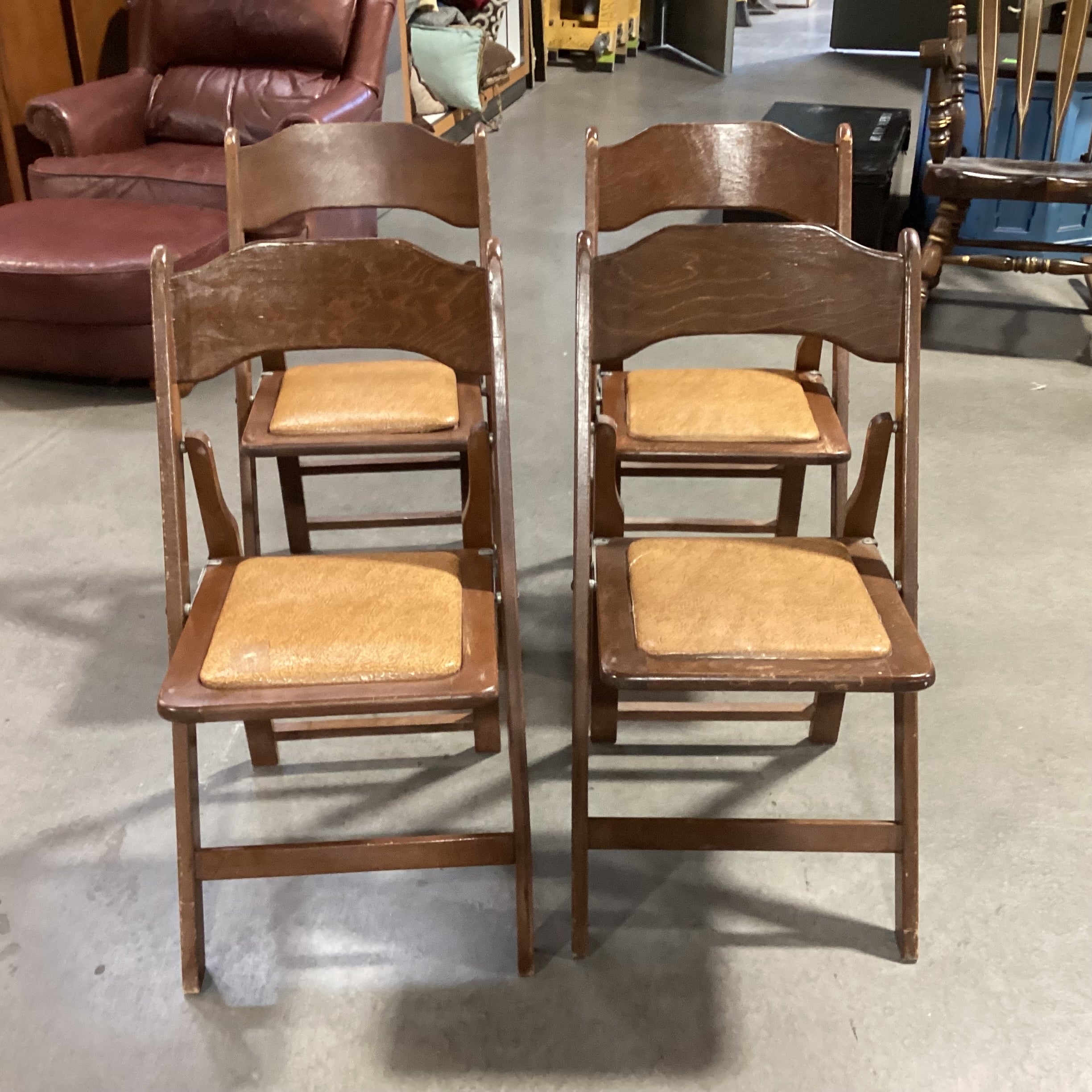 SET of 4 Vintage Wood with Faux Leather Seat Folding Dining Chairs 17"x 19"x 32"