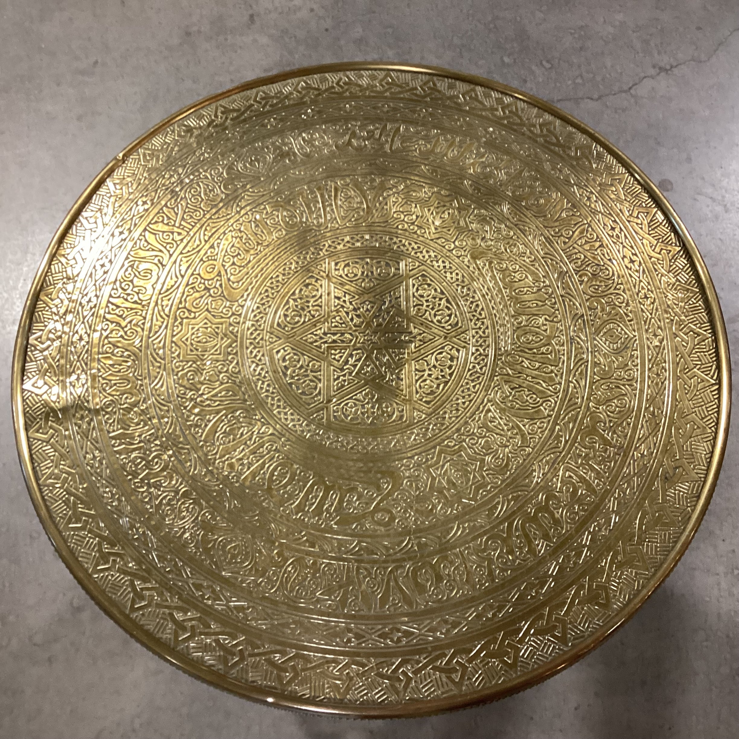 Middle East Brass Tray Top & Wood Glass 1 Door Base Accent Table 24" Diameter x 26"