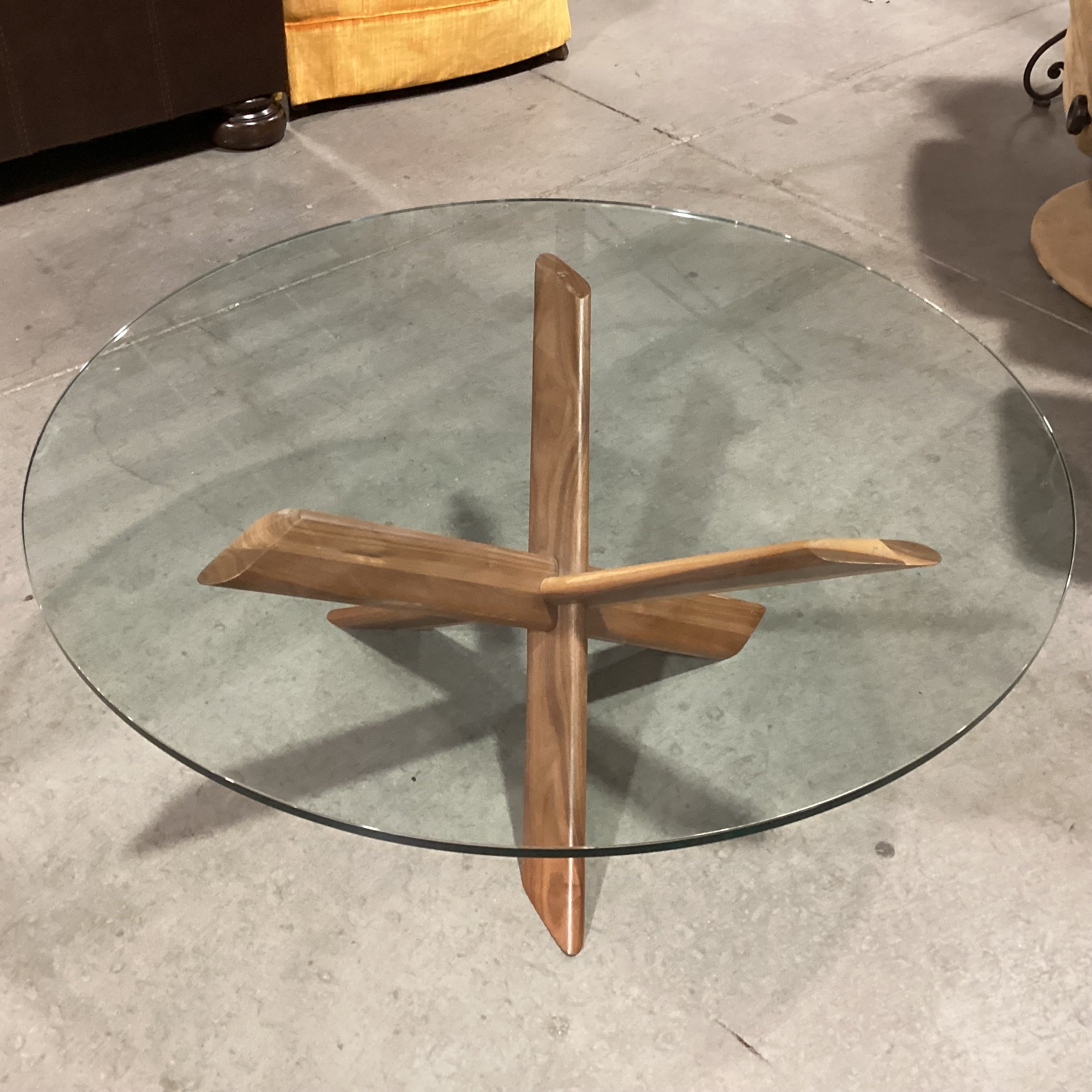 Mid Century Modern Style Walnut with Round Glass Coffee Table 36" Diameter x 15"