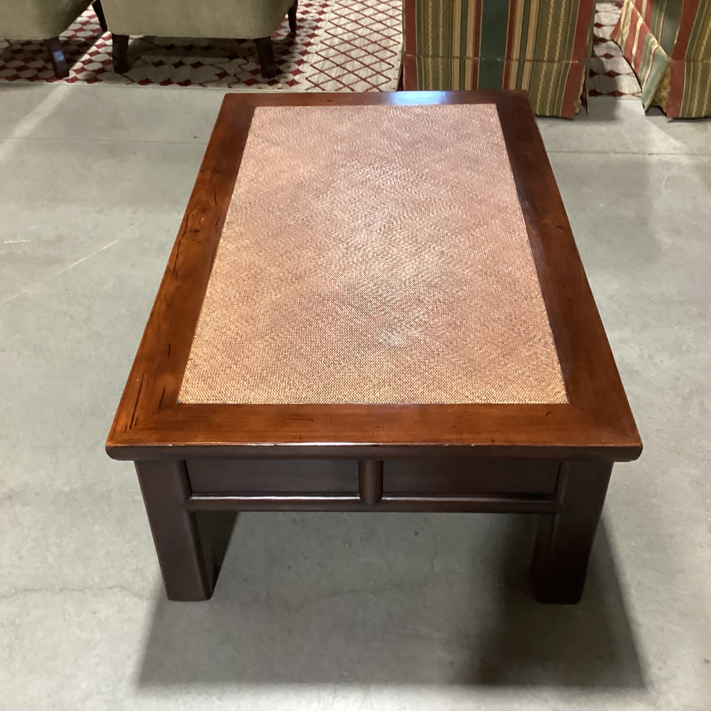 Distressed Finish Carved Wood & Wicker Raffia Woven Inset Top 6 Drawer Coffee Table 55"x 33.5"x 18"
