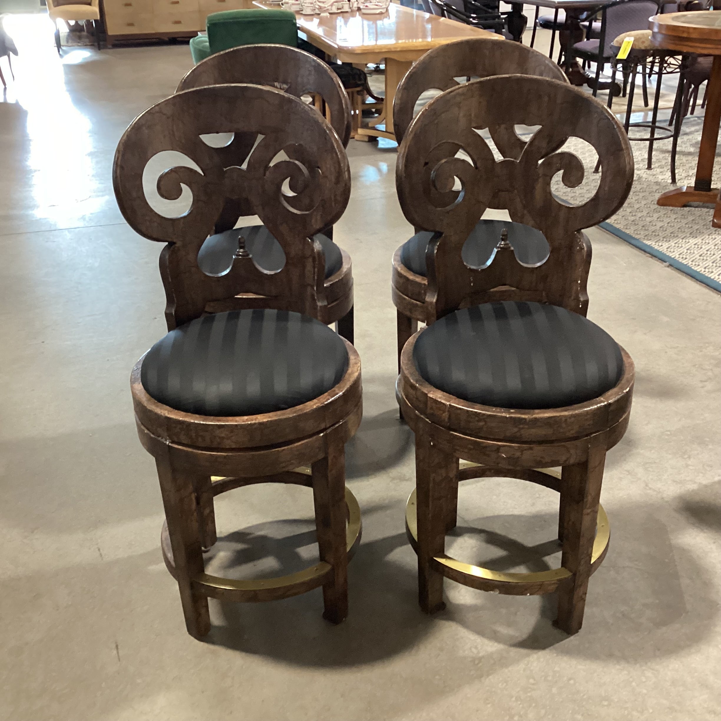 SET of 4 Carved Scroll Back Textured Crackle  Finish & Black Seat Swivel Barstools 25"