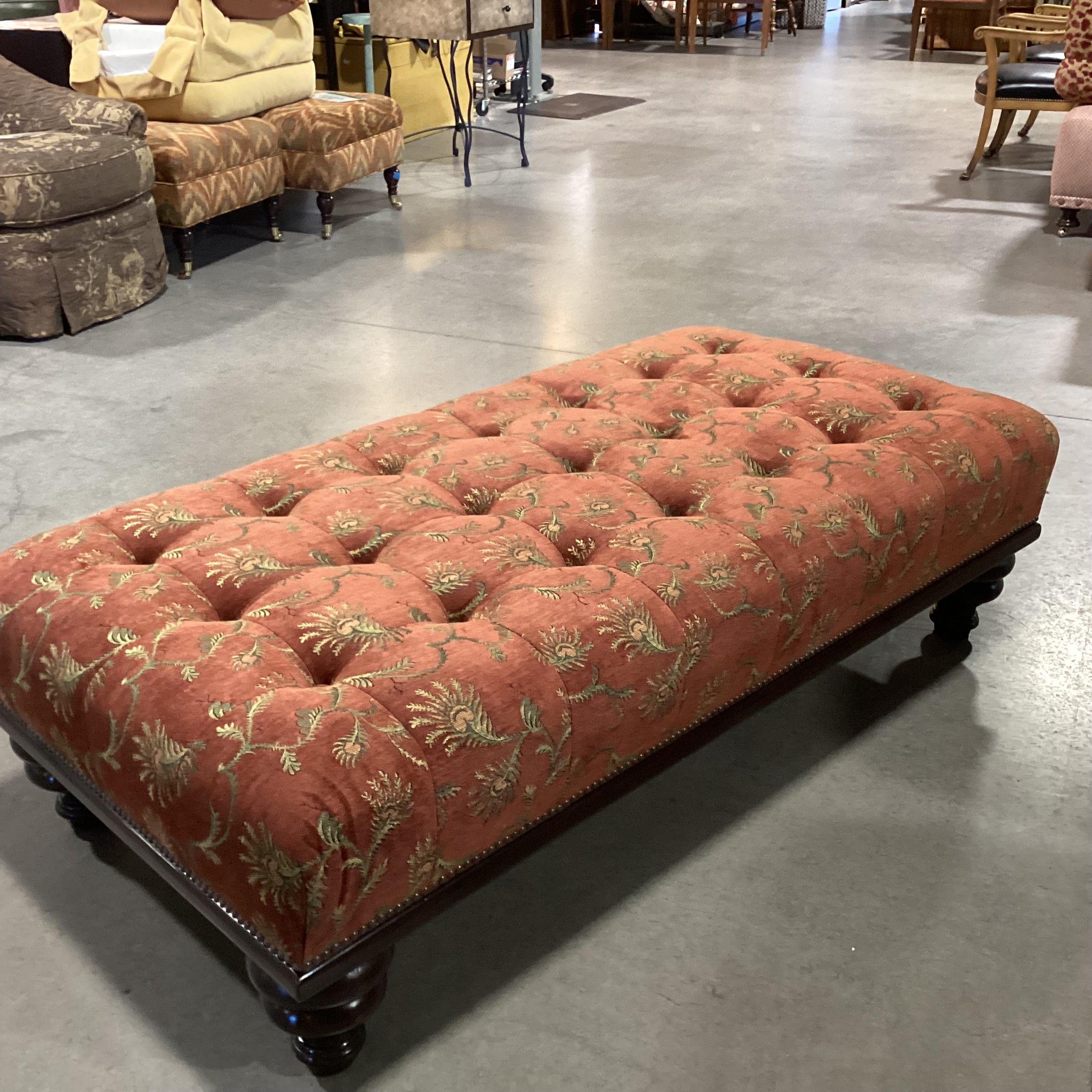 JJ Custom Rust with Gold Floral Woven Tufted Nailhead & Carved Wood Bench Ottoman 61"x 31"x 17.5"